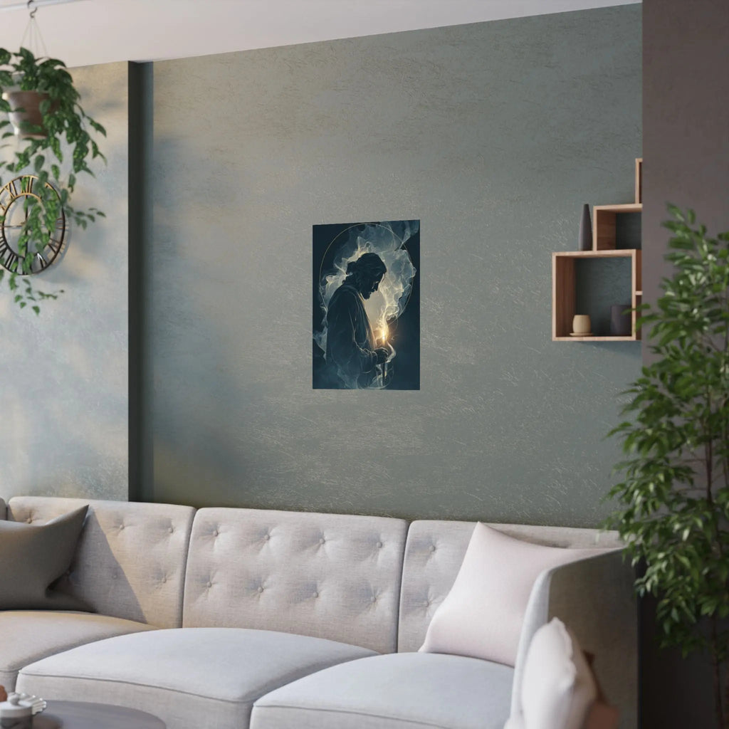 Jesus with Candle Satin Poster — Spiritual Religious Wall Art Printify