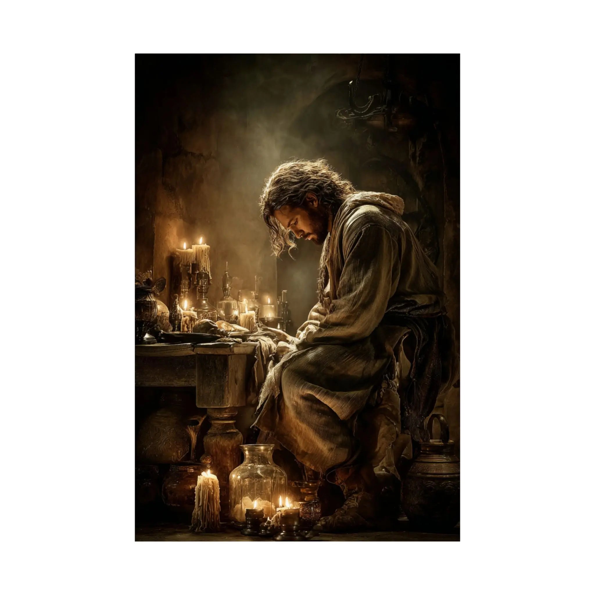 Satin Poster — Candlelit Jesus Prayer Art Print (210gsm) Printify