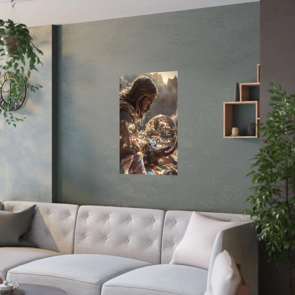 Satin Poster — Mystic Jesus Holding Crystal Orb Art Print Printify