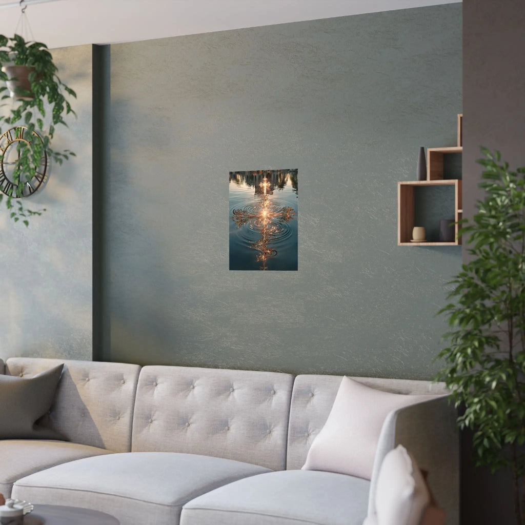 Satin Poster — Golden Cross Water Reflection Art Print Printify