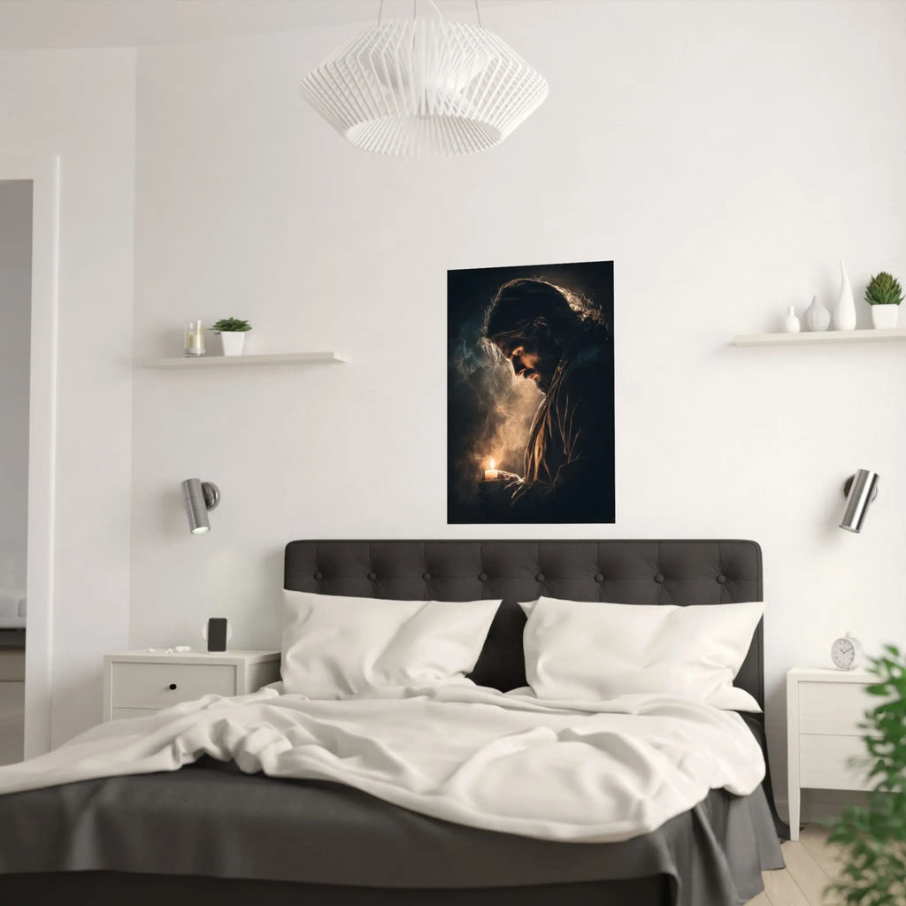 Religious Satin Poster — Jesus Holding Candle Wall Art Printify
