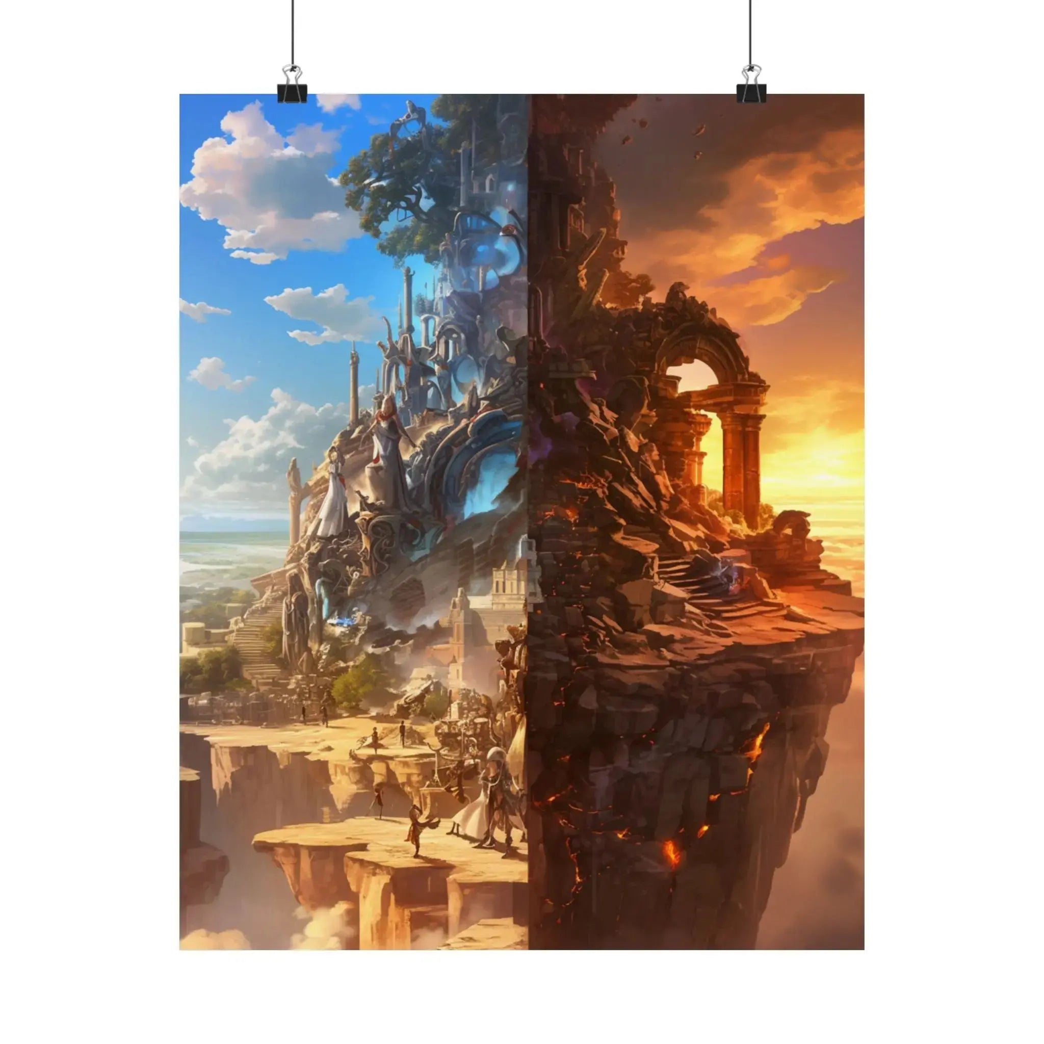 Fantasy Split-World Satin Poster (210gsm) — Day & Night Landscape Art Print Printify