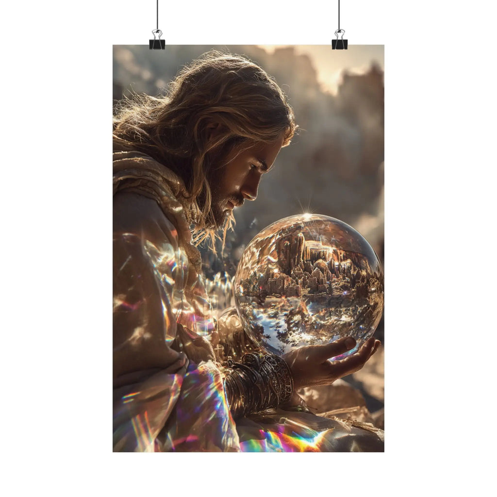 Satin Poster — Mystic Jesus Holding Crystal Orb Art Print Printify