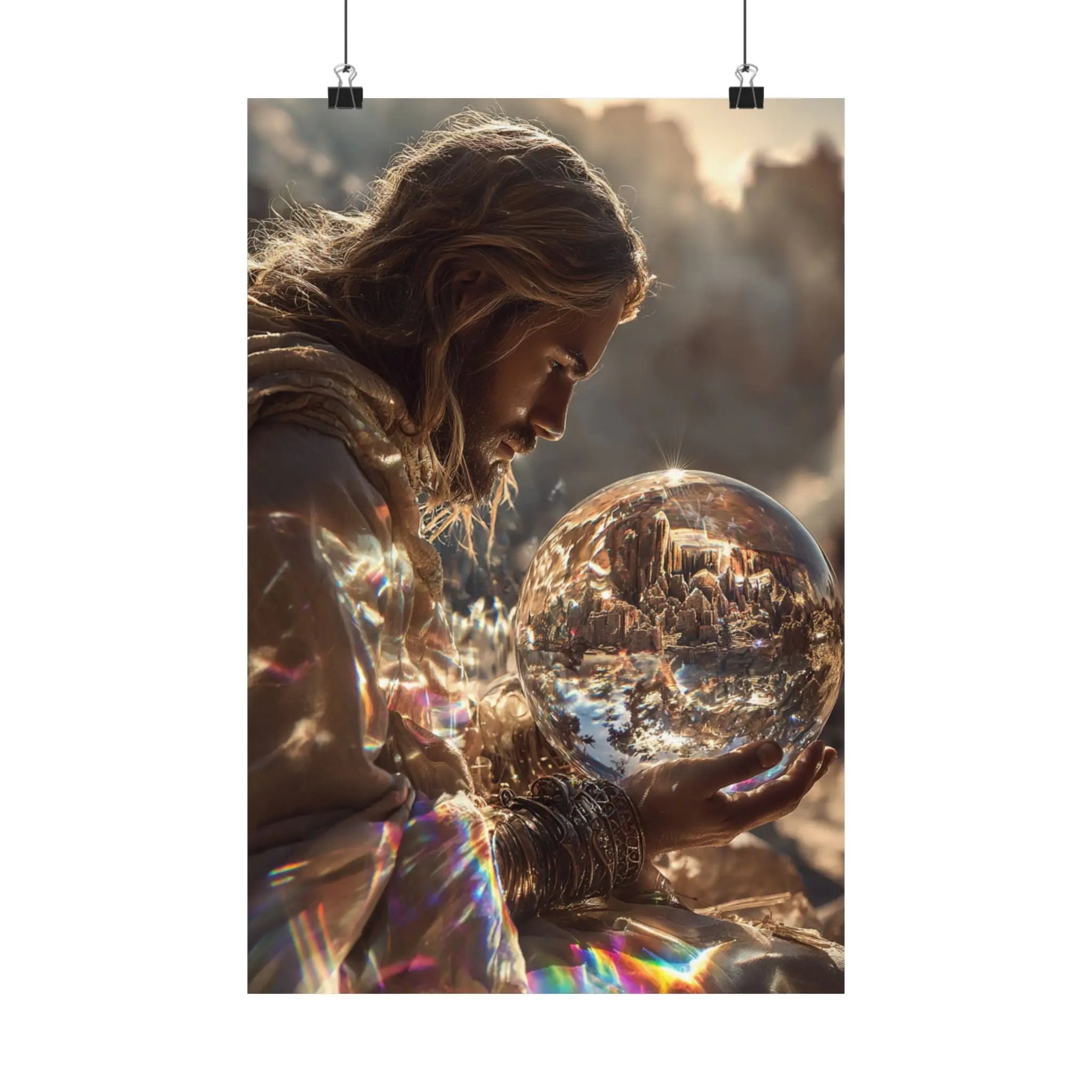 Satin Poster — Mystic Jesus Holding Crystal Orb Art Print Printify