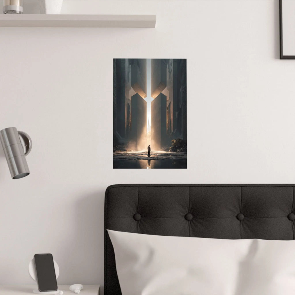 Satin Poster — Solitary Figure at Golden Gateway (Large Art Print) Printify