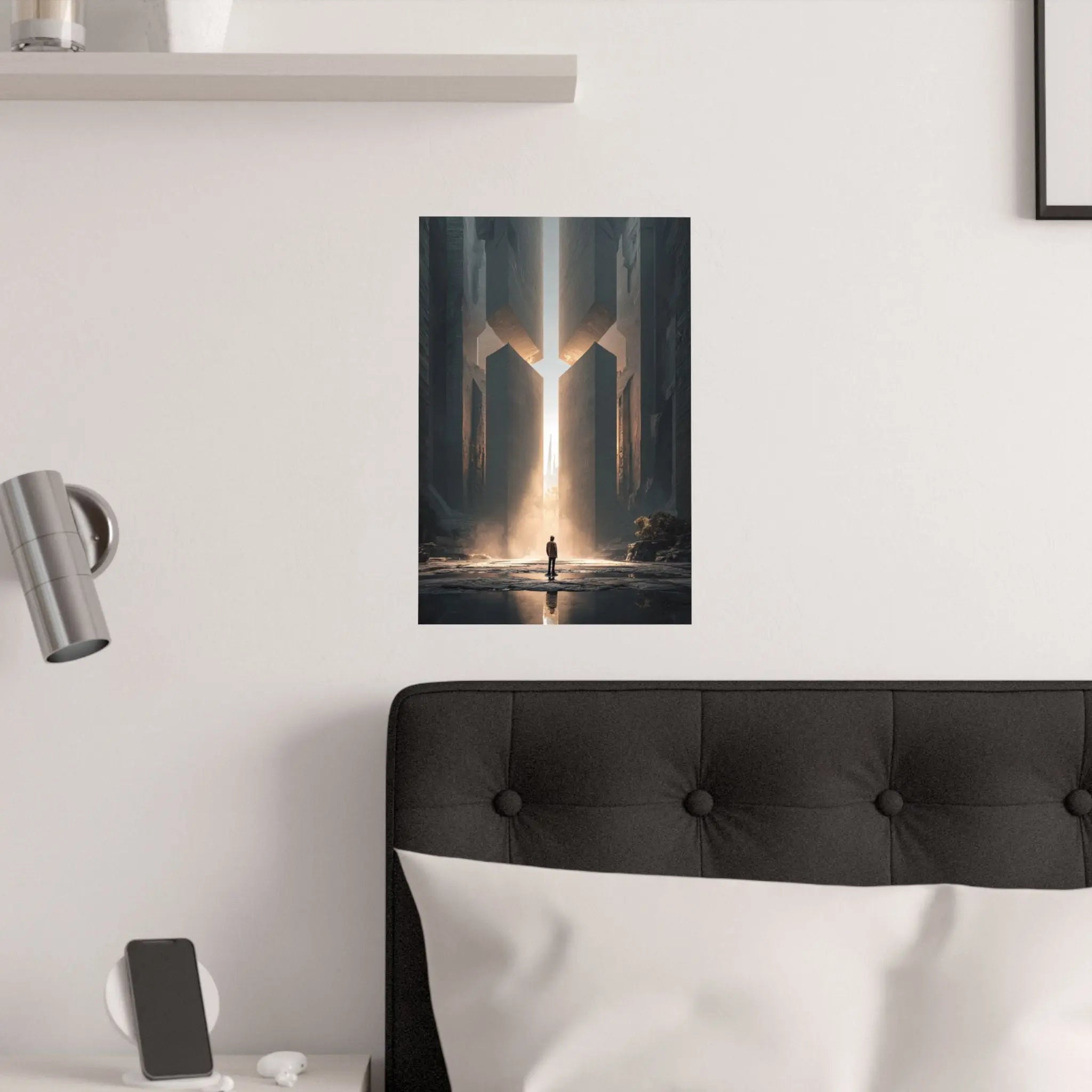 Satin Poster — Solitary Figure at Golden Gateway (Large Art Print) Printify