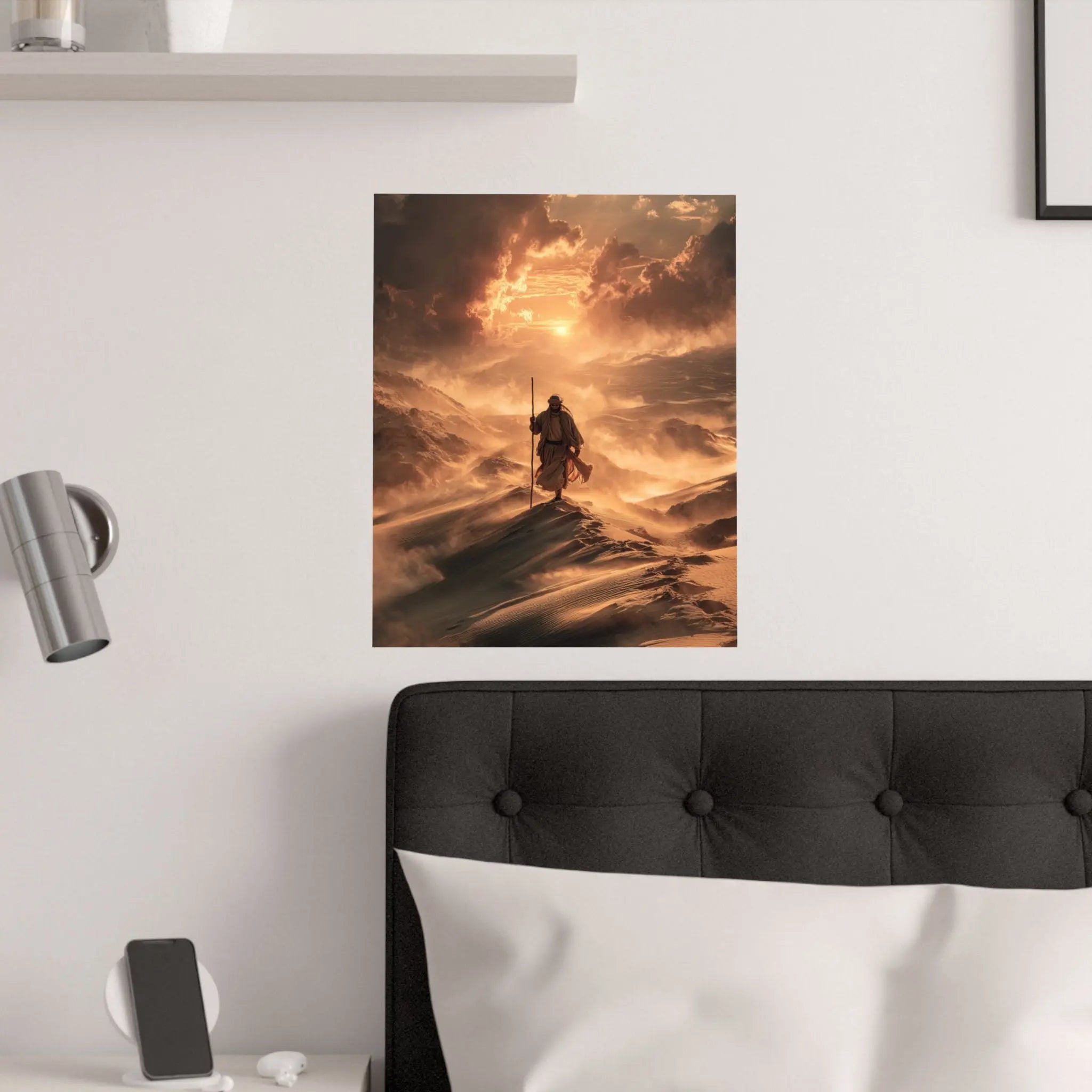 Satin Poster — Jesus on Fiery Dunes Sunset Wall Art Printify