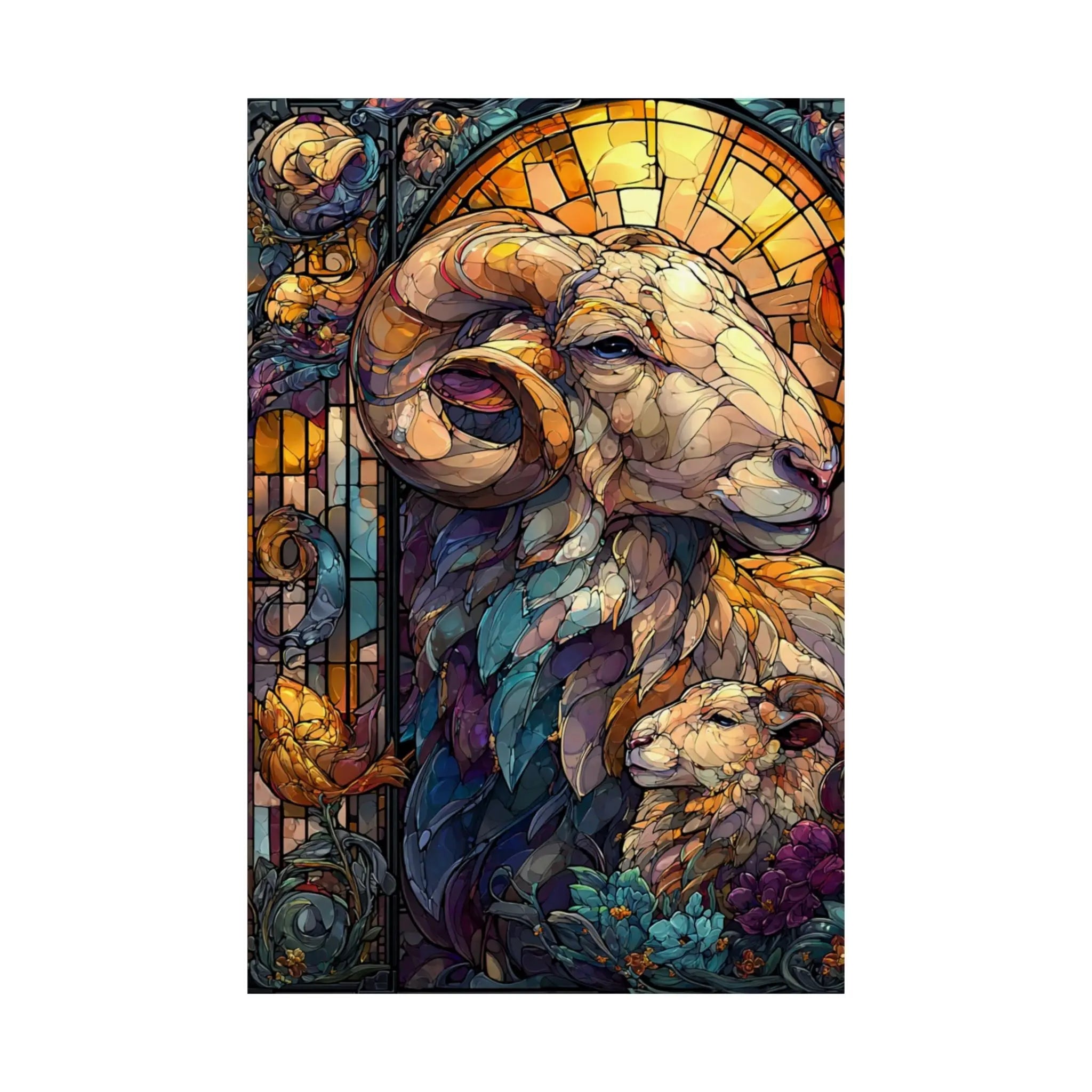 Stained Glass Ram Satin Poster — Zodiac Aries Art Print Printify