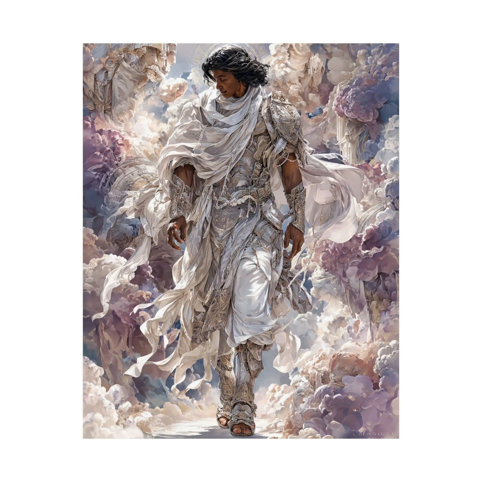 Angelic Figure Satin Poster — Ethereal Cloudscape Wall Art (210gsm) Printify