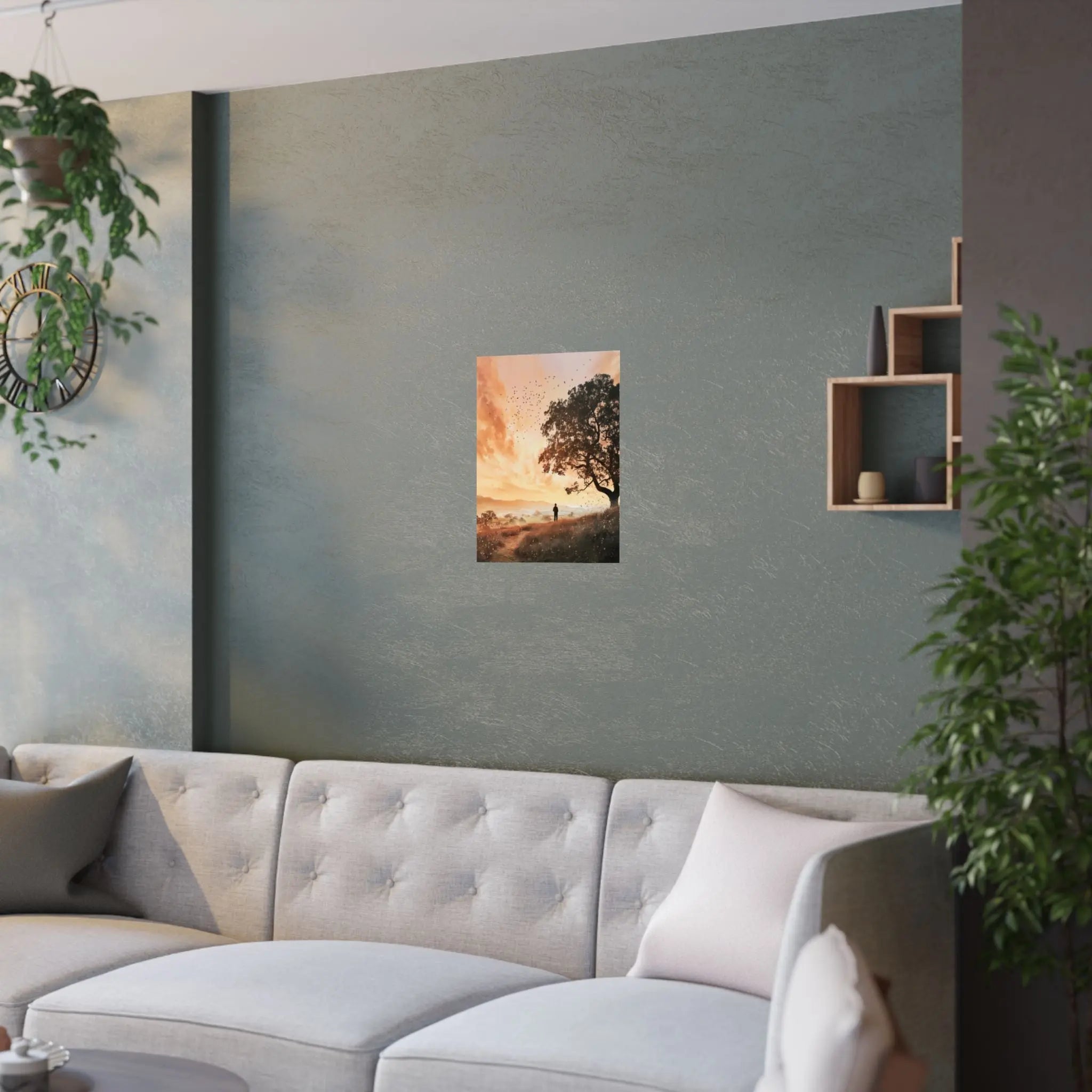 Sunset Solitude Satin Poster — Golden Sunset Tree Landscape Wall Art Printify