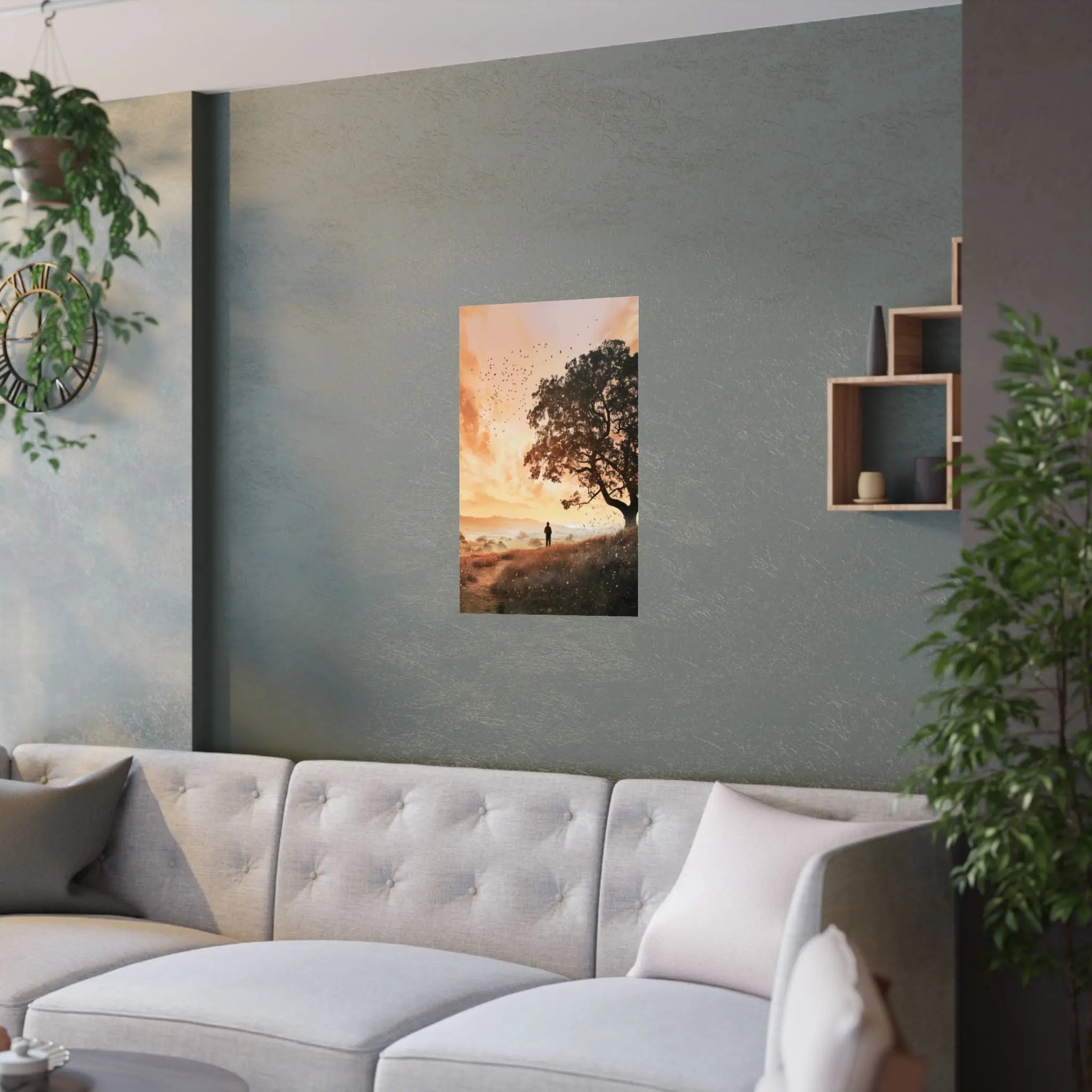 Sunset Solitude Satin Poster — Golden Sunset Tree Landscape Wall Art Printify