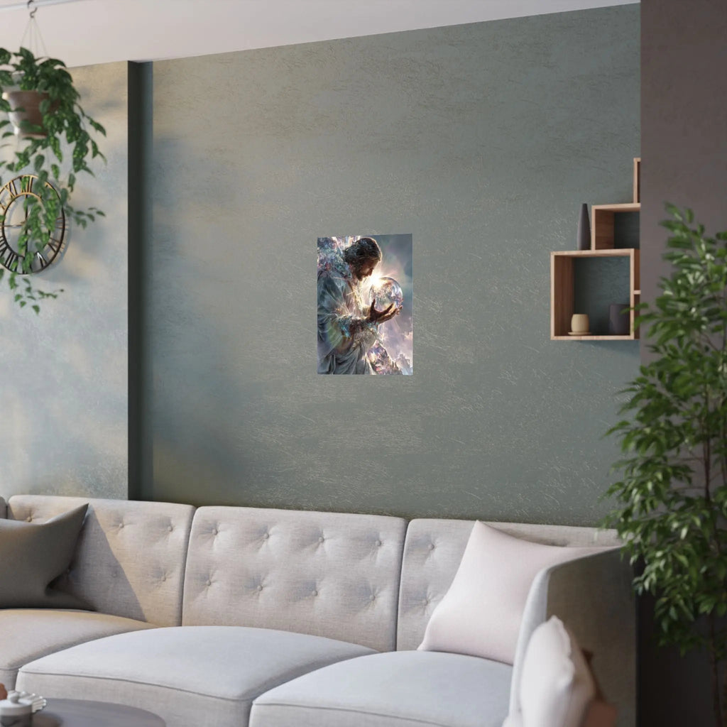 Jesus Holding the World Satin Poster — Spiritual Christian Wall Art Printify