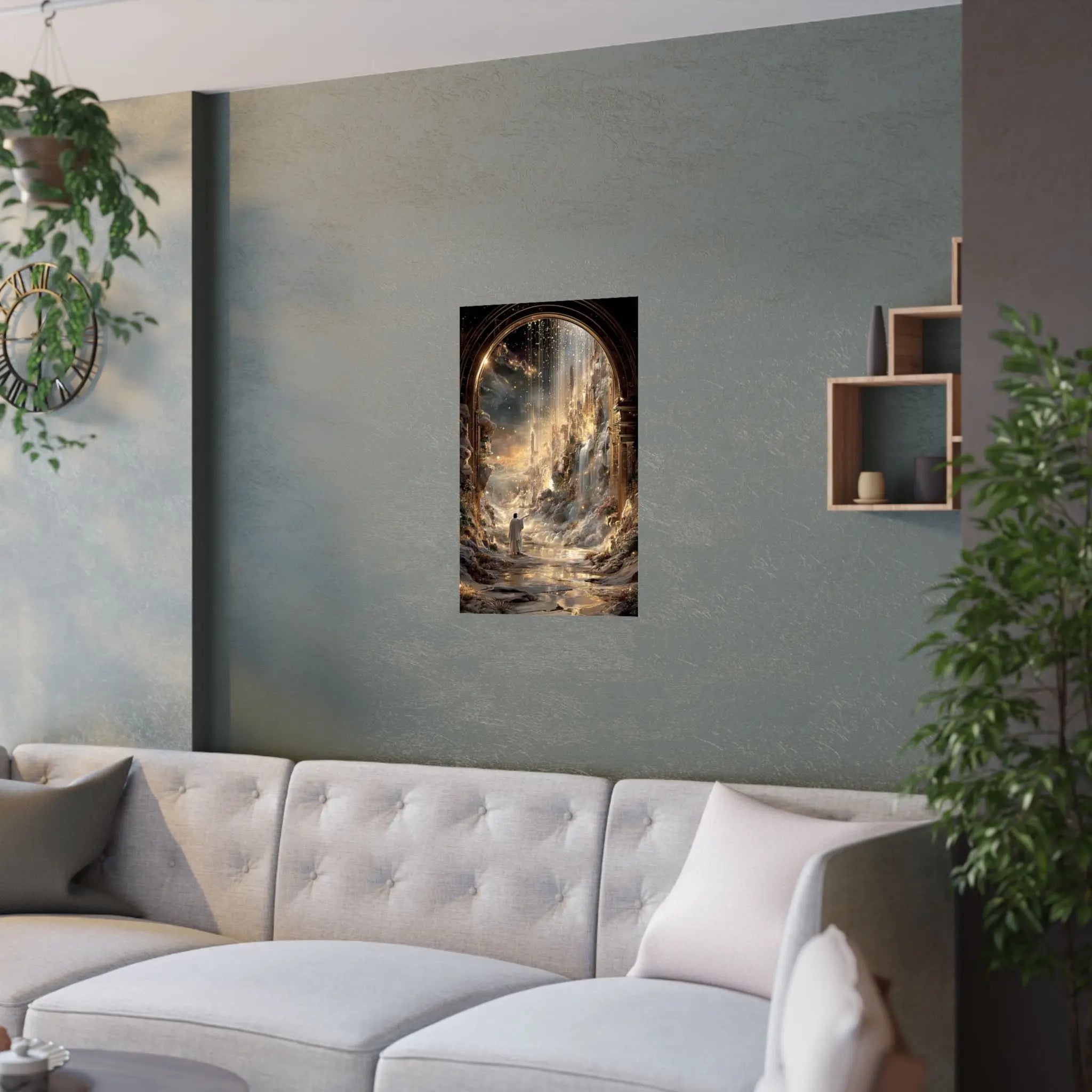 Celestial Gateway Satin Poster — Ethereal Golden Landscape Wall Art Printify