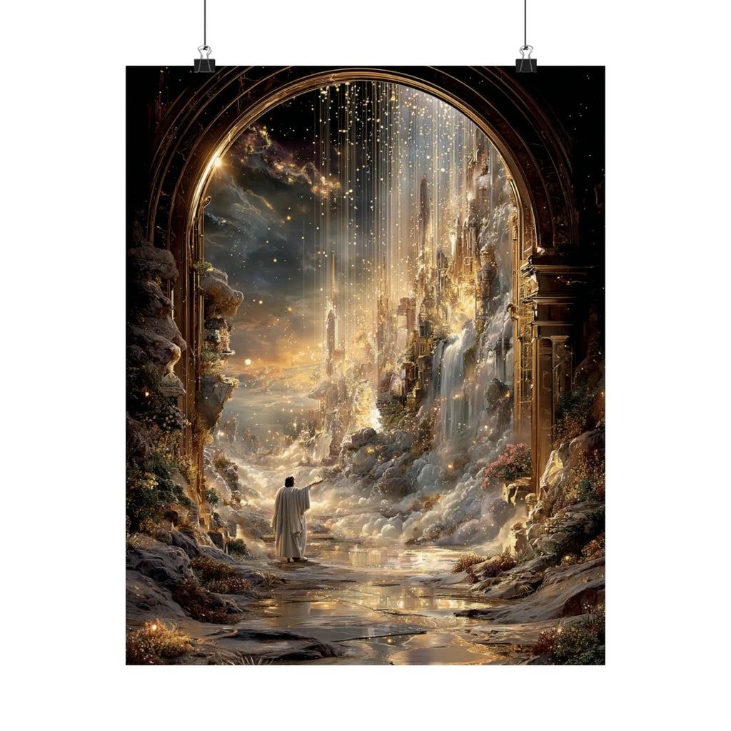 Celestial Gateway Satin Poster — Ethereal Golden Landscape Wall Art Printify