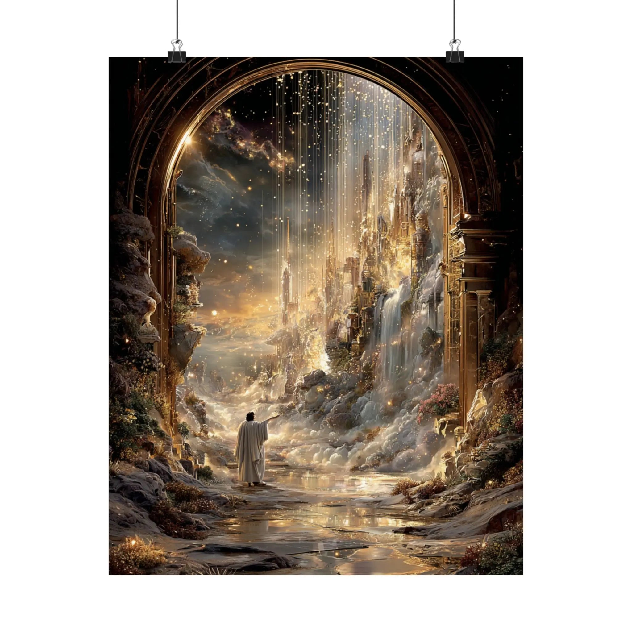 Celestial Gateway Satin Poster — Ethereal Golden Landscape Wall Art Printify