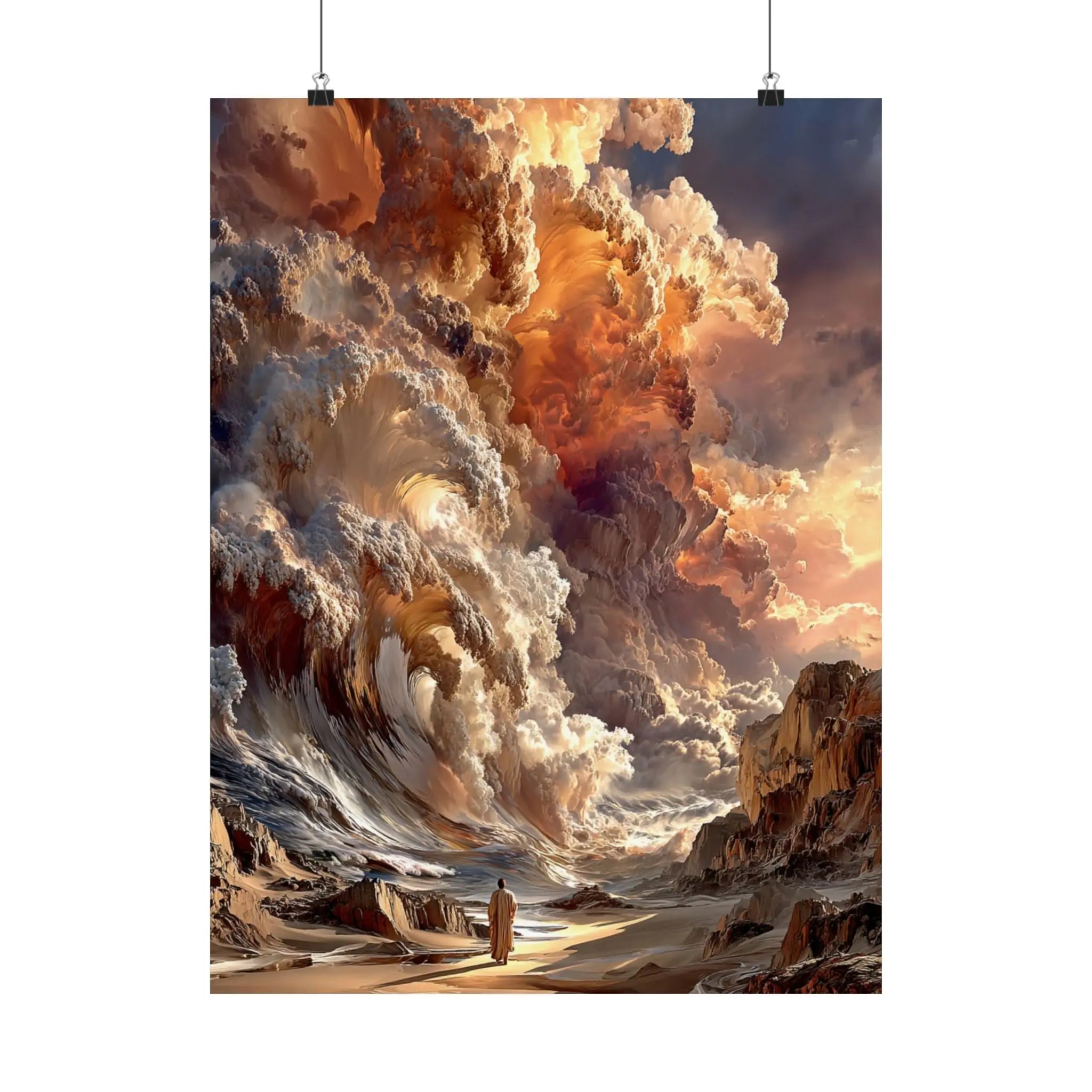 Epic Fantasy Cloudscape Satin Poster — Lone Wanderer in Fiery Sky (210gsm) Printify