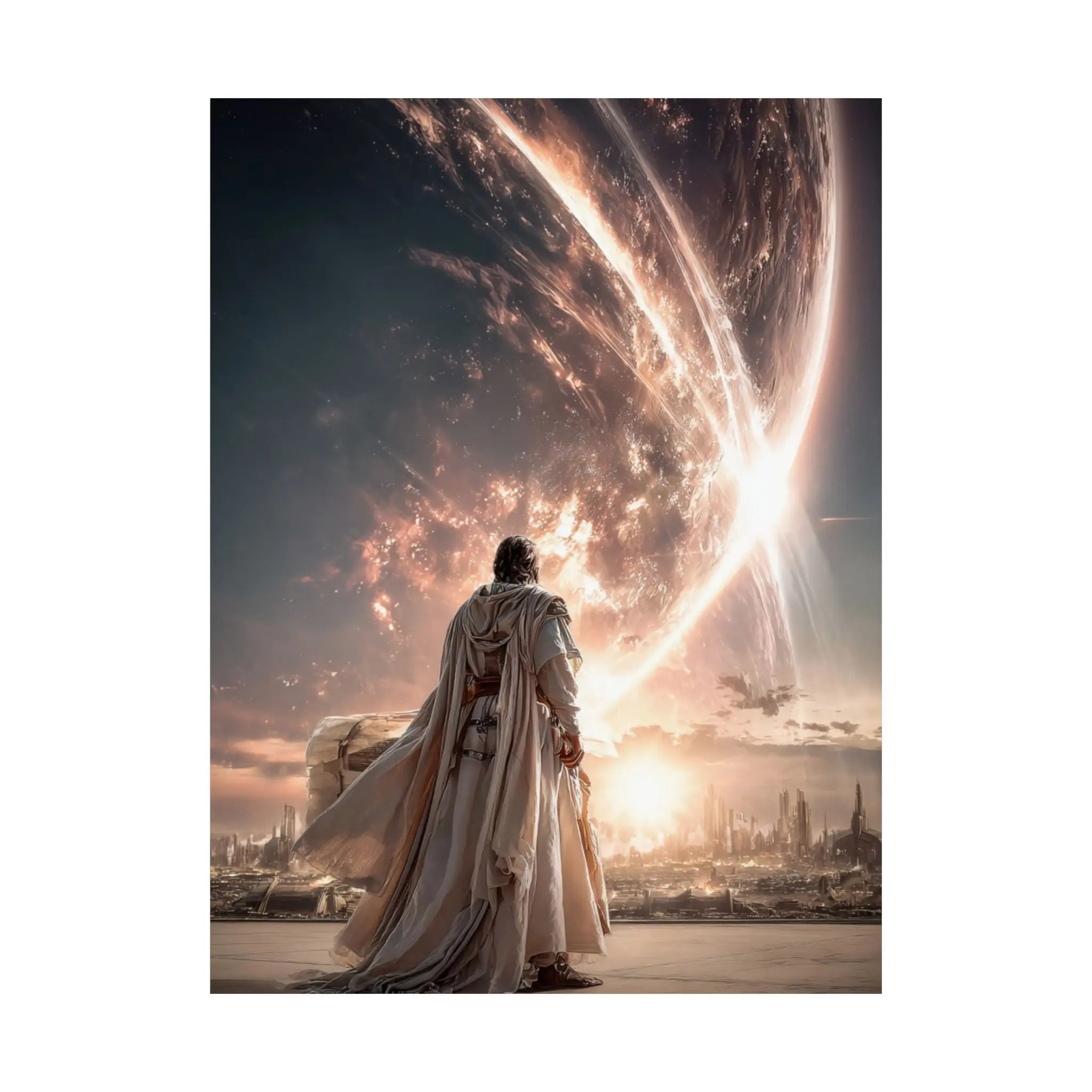 Epic Sci‑Fi Poster — Lone Figure Walking Toward Stellar City (Satin 210gsm) Printify