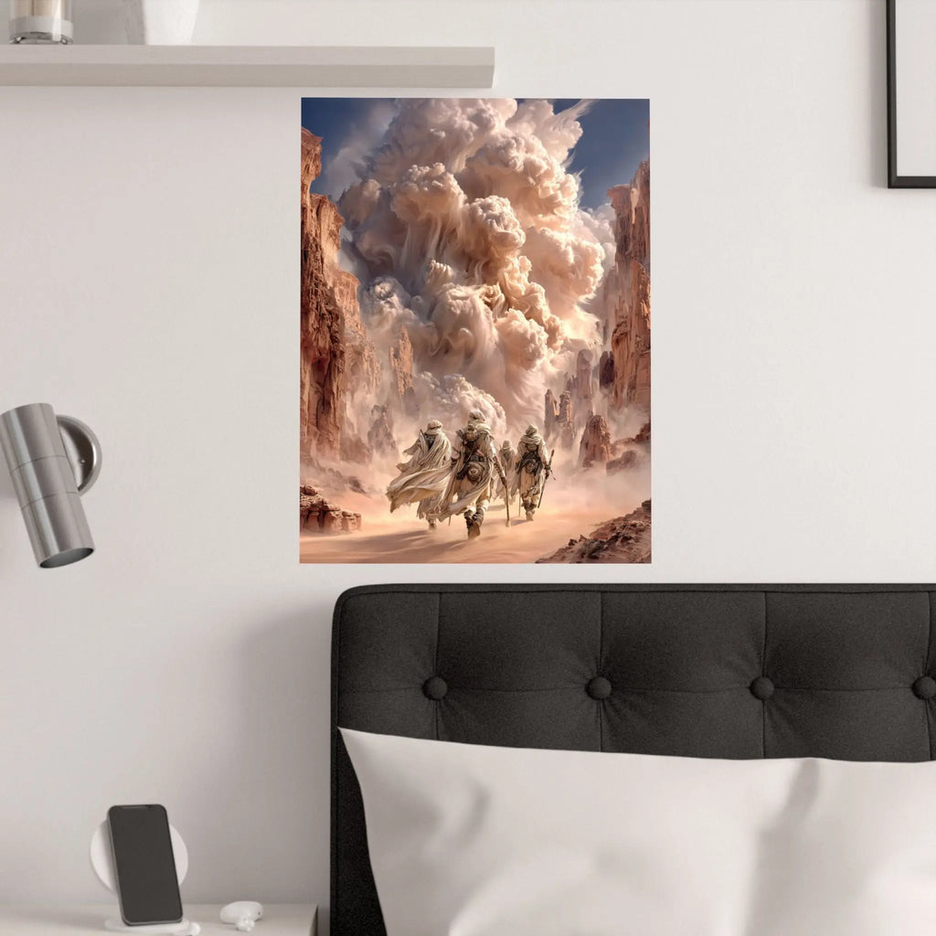 Desert Pilgrimage Satin Poster — Dramatic Sandstorm Fantasy Wall Art Printify