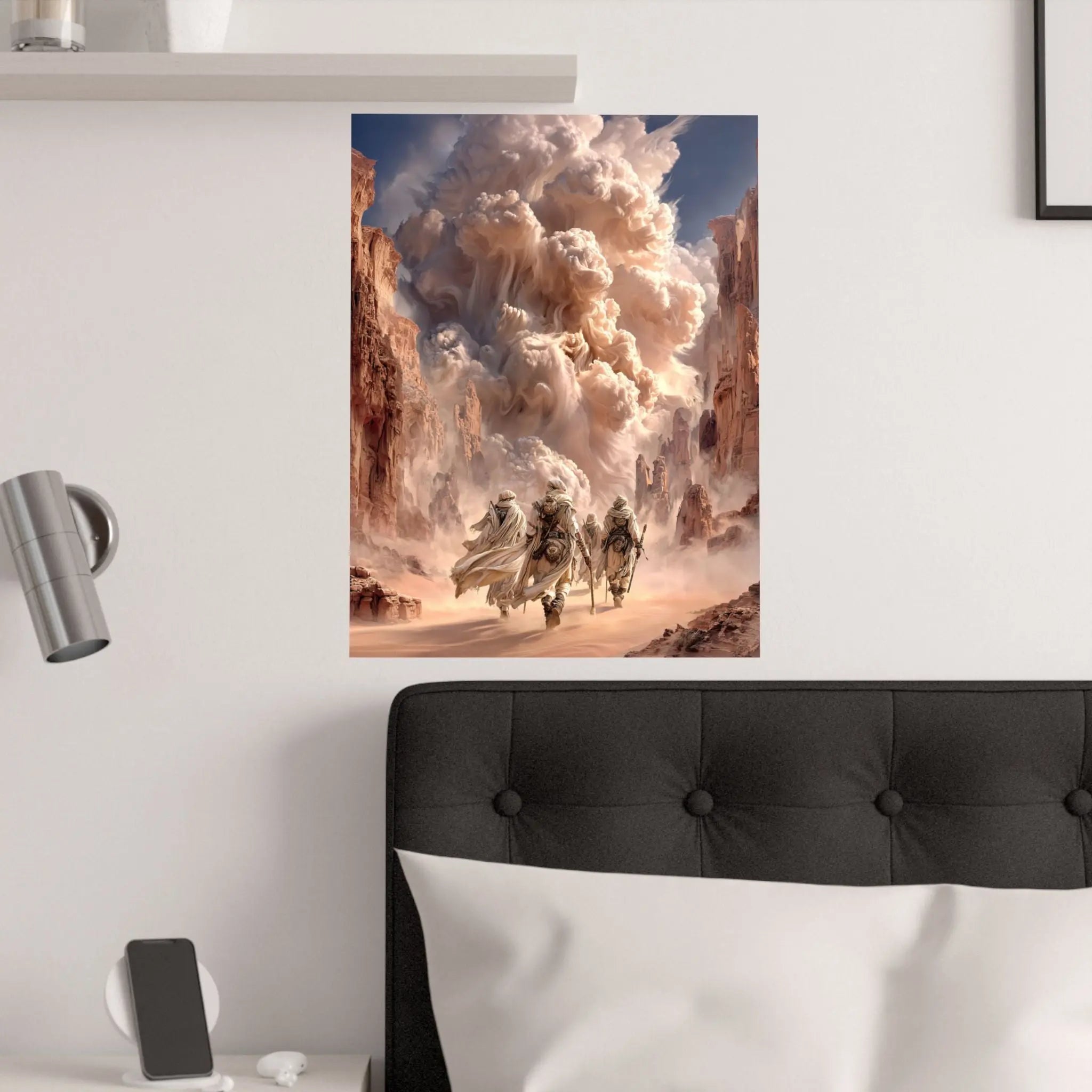 Desert Pilgrimage Satin Poster — Dramatic Sandstorm Fantasy Wall Art Printify