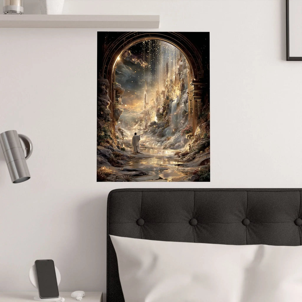 Celestial Gateway Satin Poster — Ethereal Golden Landscape Wall Art Printify