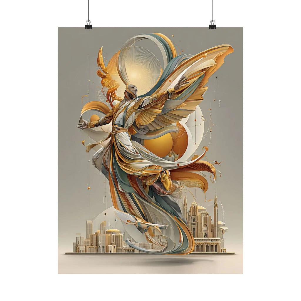 Satin Art Poster — Golden Angel Cityscape (210gsm) Printify