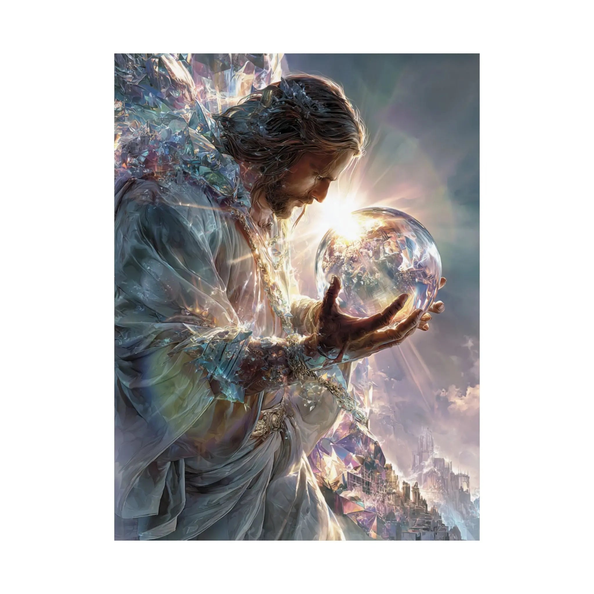 Jesus Holding the World Satin Poster — Spiritual Christian Wall Art Printify