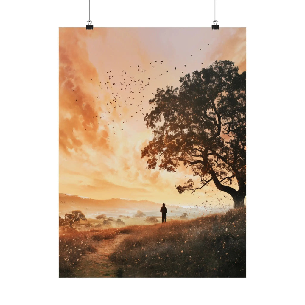 Sunset Solitude Satin Poster — Golden Sunset Tree Landscape Wall Art Printify