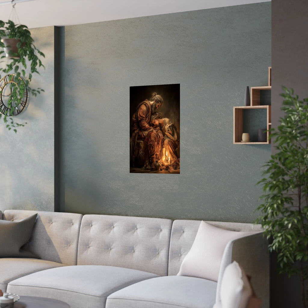 Satin Poster — Tender Candlelit Embrace Vintage Biblical Art Print Printify