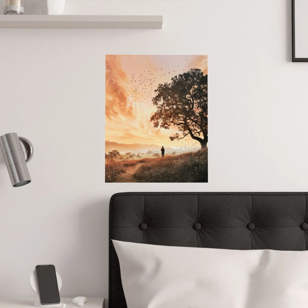 Sunset Solitude Satin Poster — Golden Sunset Tree Landscape Wall Art Printify