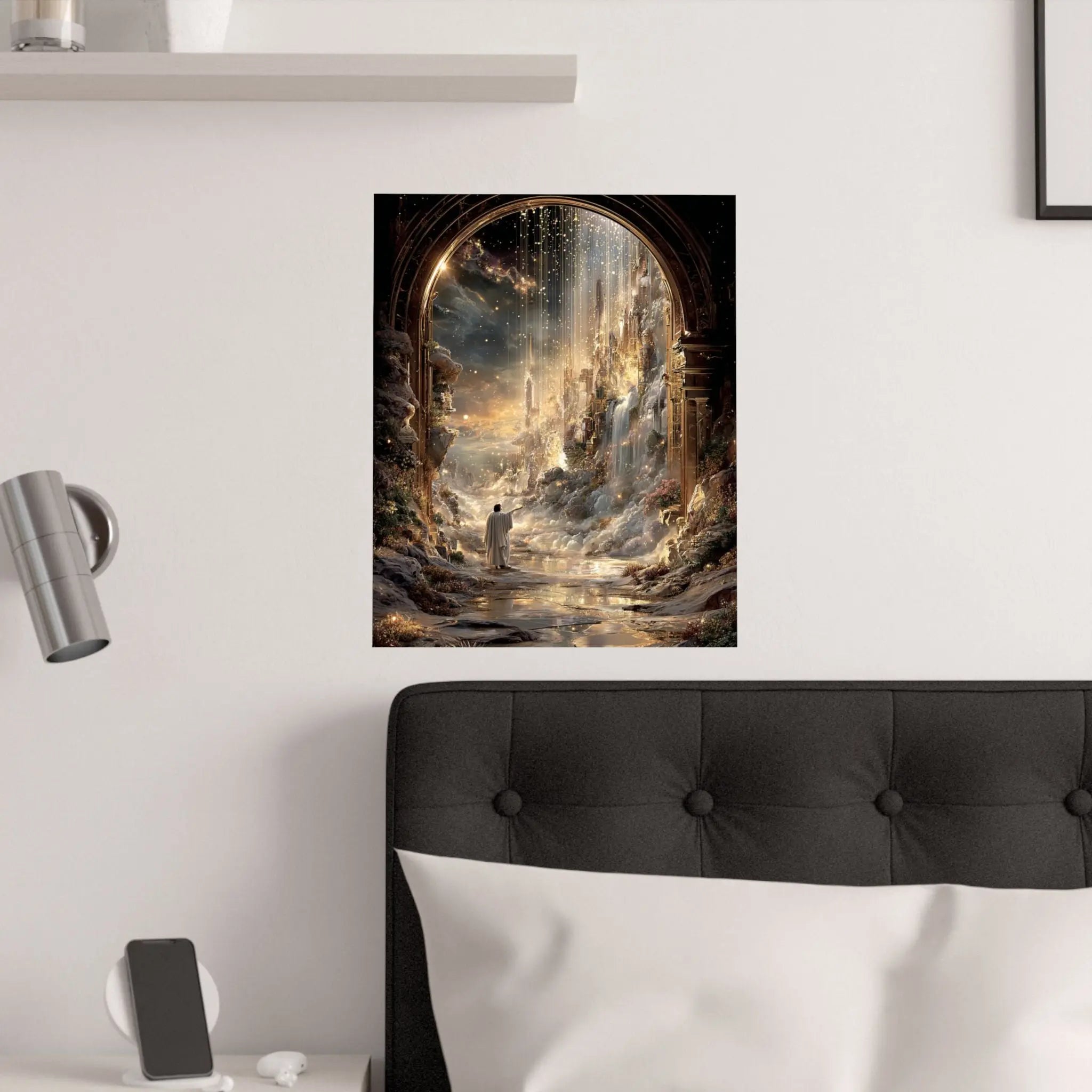Celestial Gateway Satin Poster — Ethereal Golden Landscape Wall Art Printify