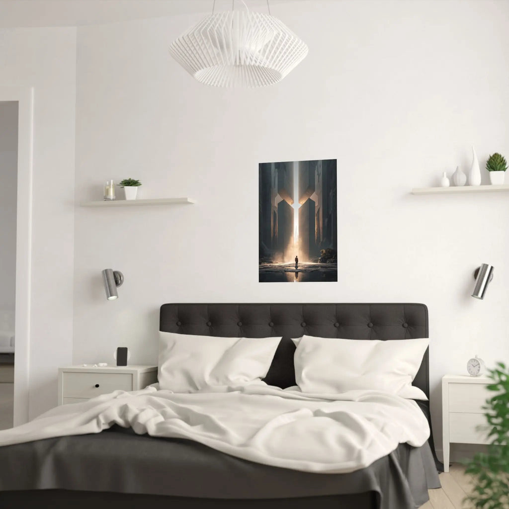 Satin Poster — Solitary Figure at Golden Gateway (Large Art Print) Printify