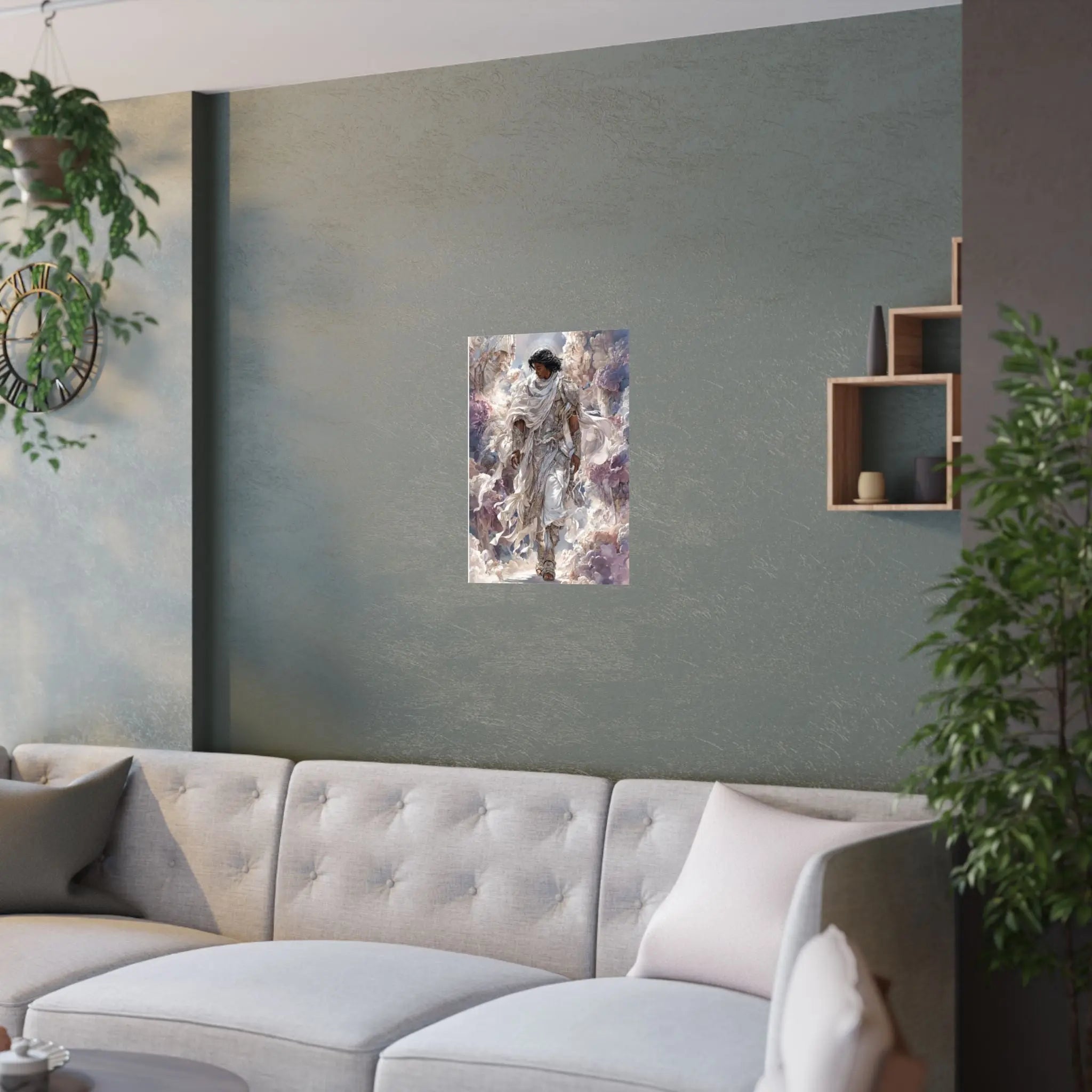Angelic Figure Satin Poster — Ethereal Cloudscape Wall Art (210gsm) Printify