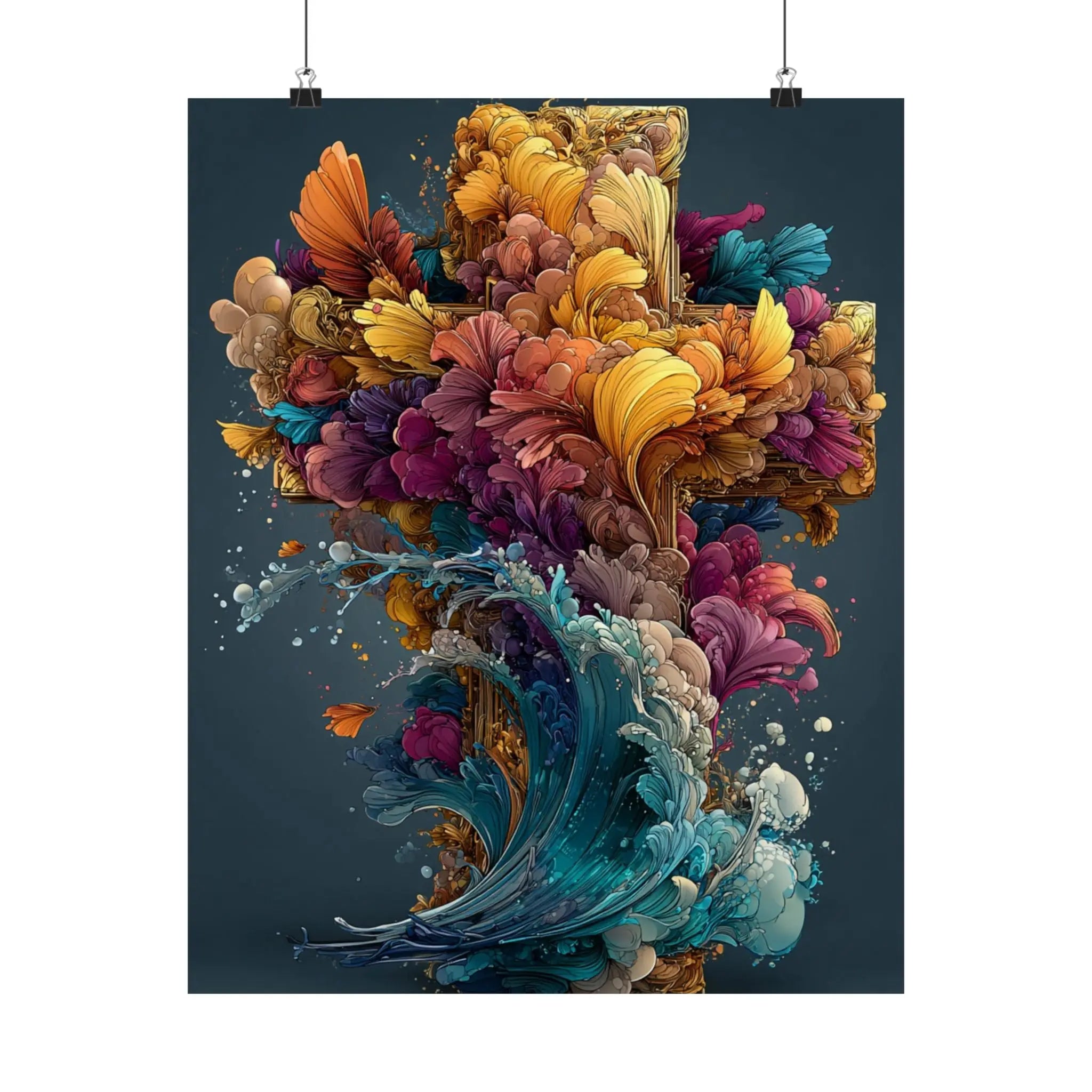 Abstract Floral Cross Satin Poster — Colorful Surreal Wall Art Print Printify