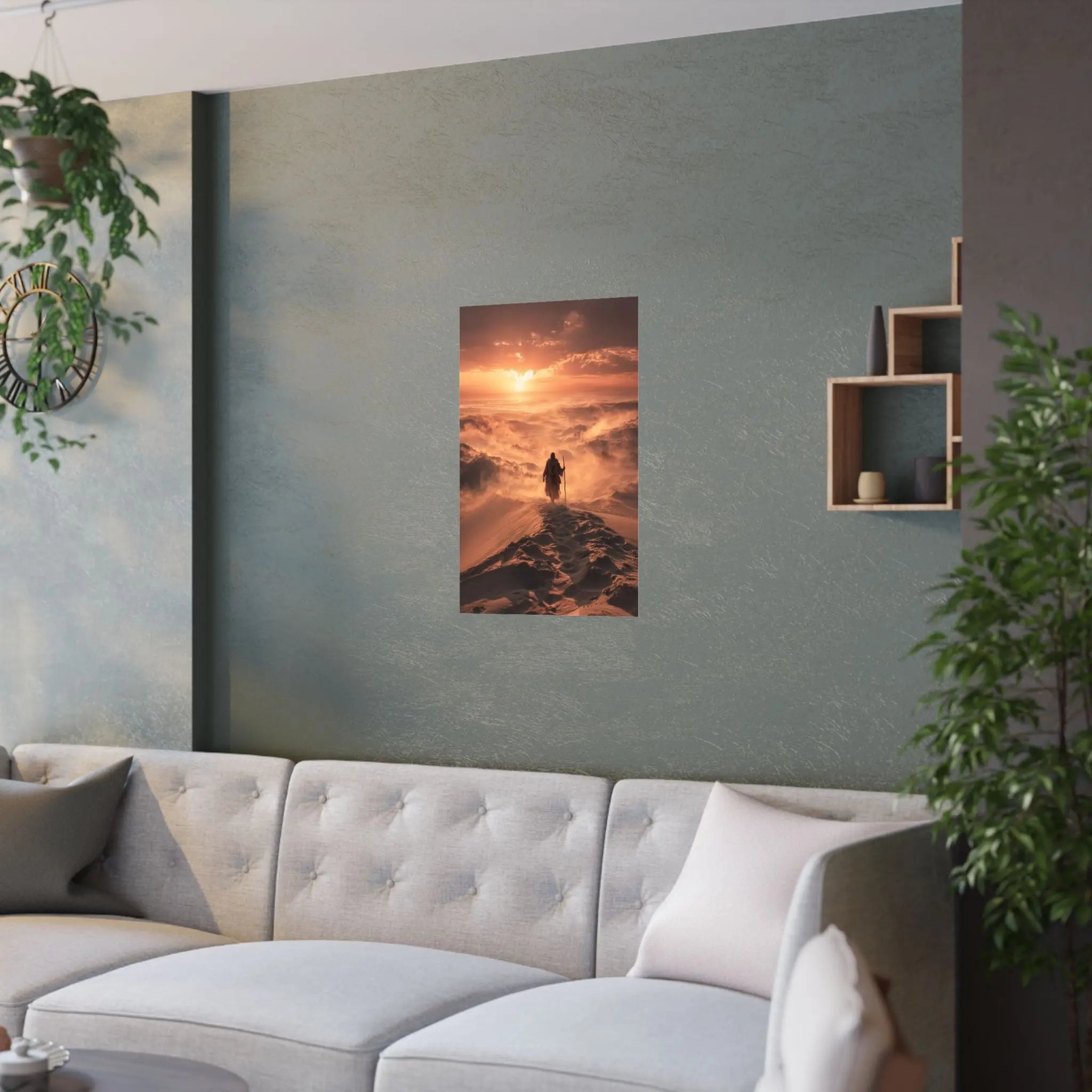 Desert Wanderer Satin Poster — Dramatic Sunset Silhouette Wall Art Printify