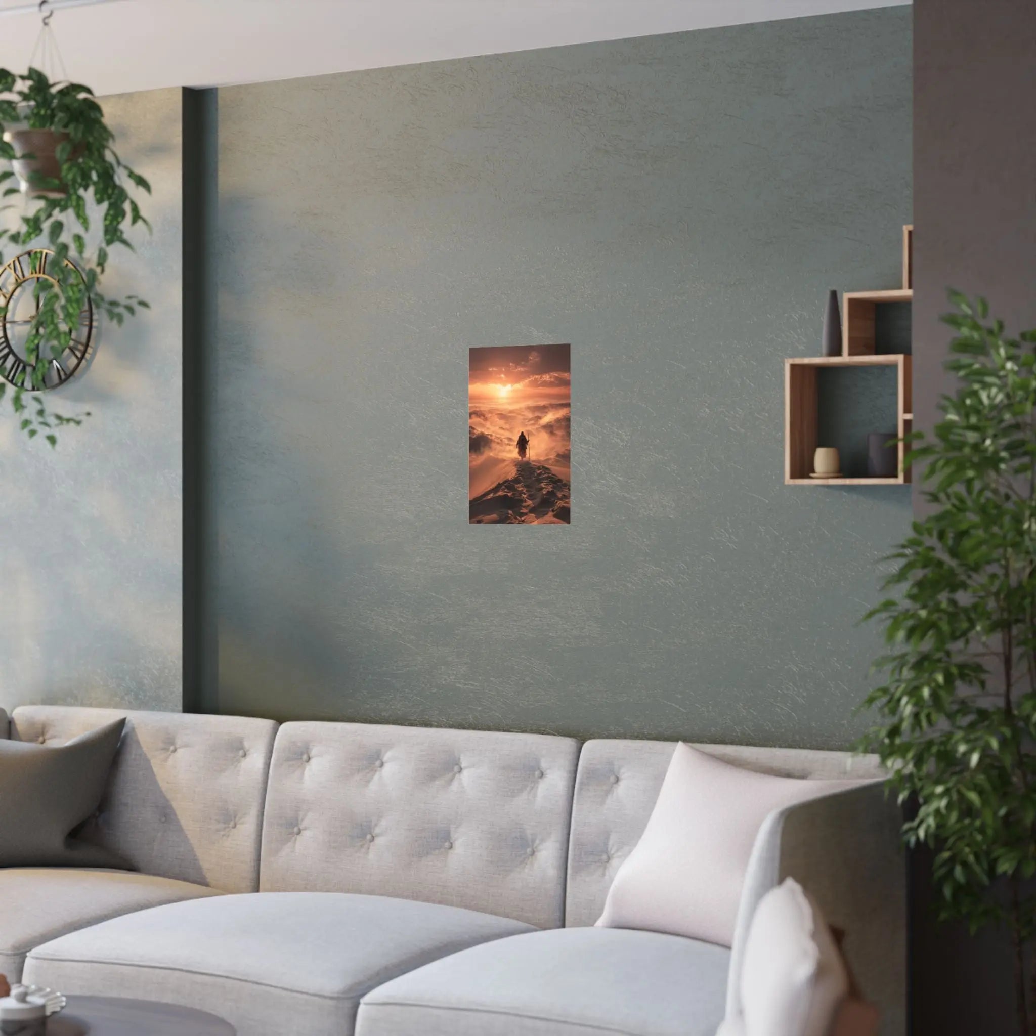 Desert Wanderer Satin Poster — Dramatic Sunset Silhouette Wall Art Printify