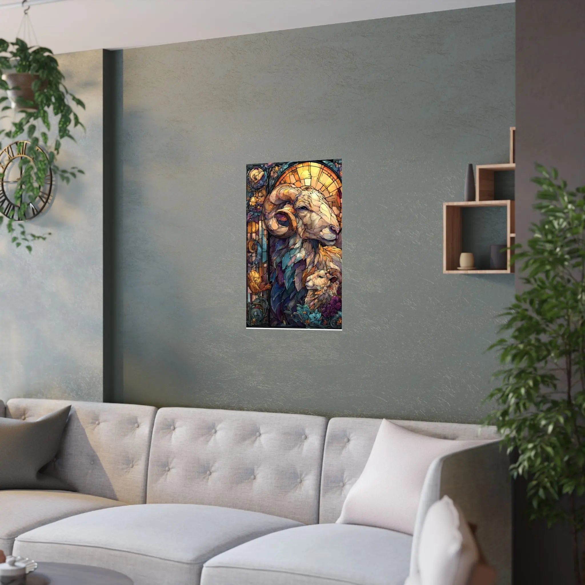 Stained Glass Ram Satin Poster — Zodiac Aries Art Print Printify