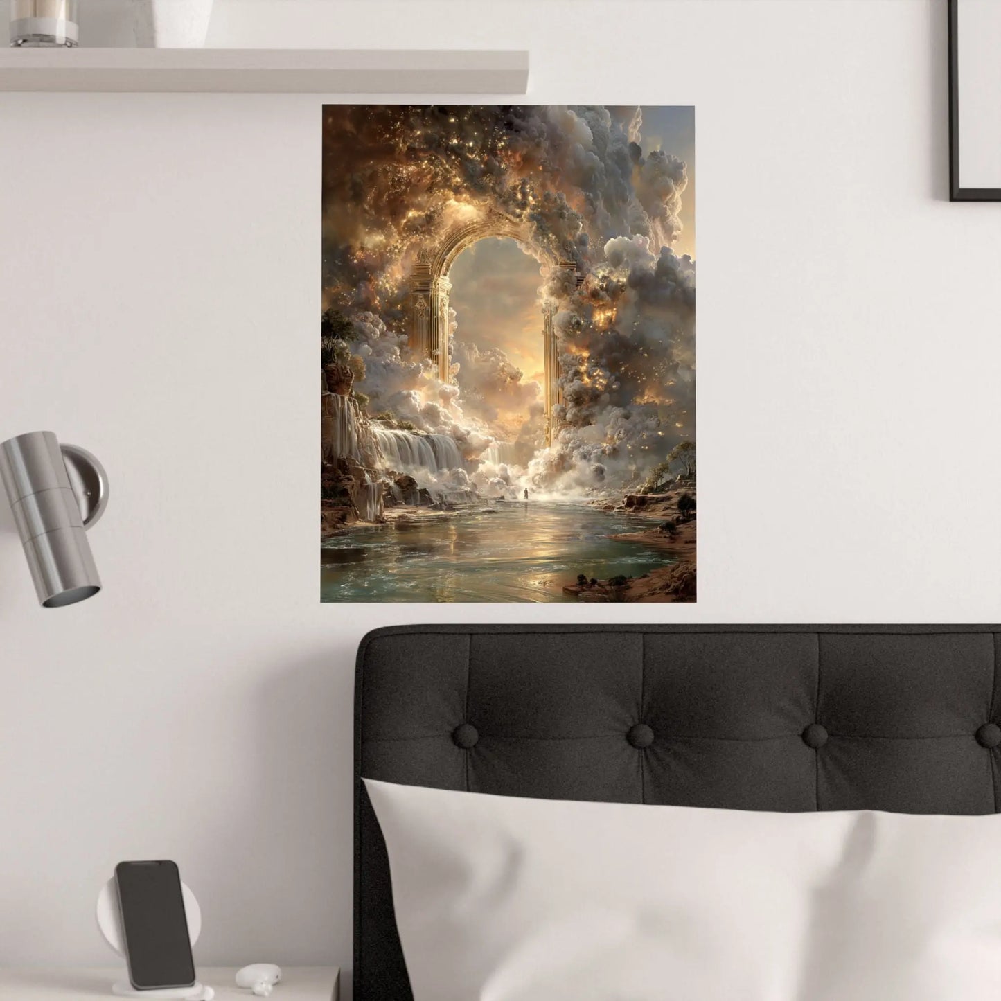 Heavenly Arch Satin Poster — Ethereal Golden Clouds & Waterfall Wall Art Printify
