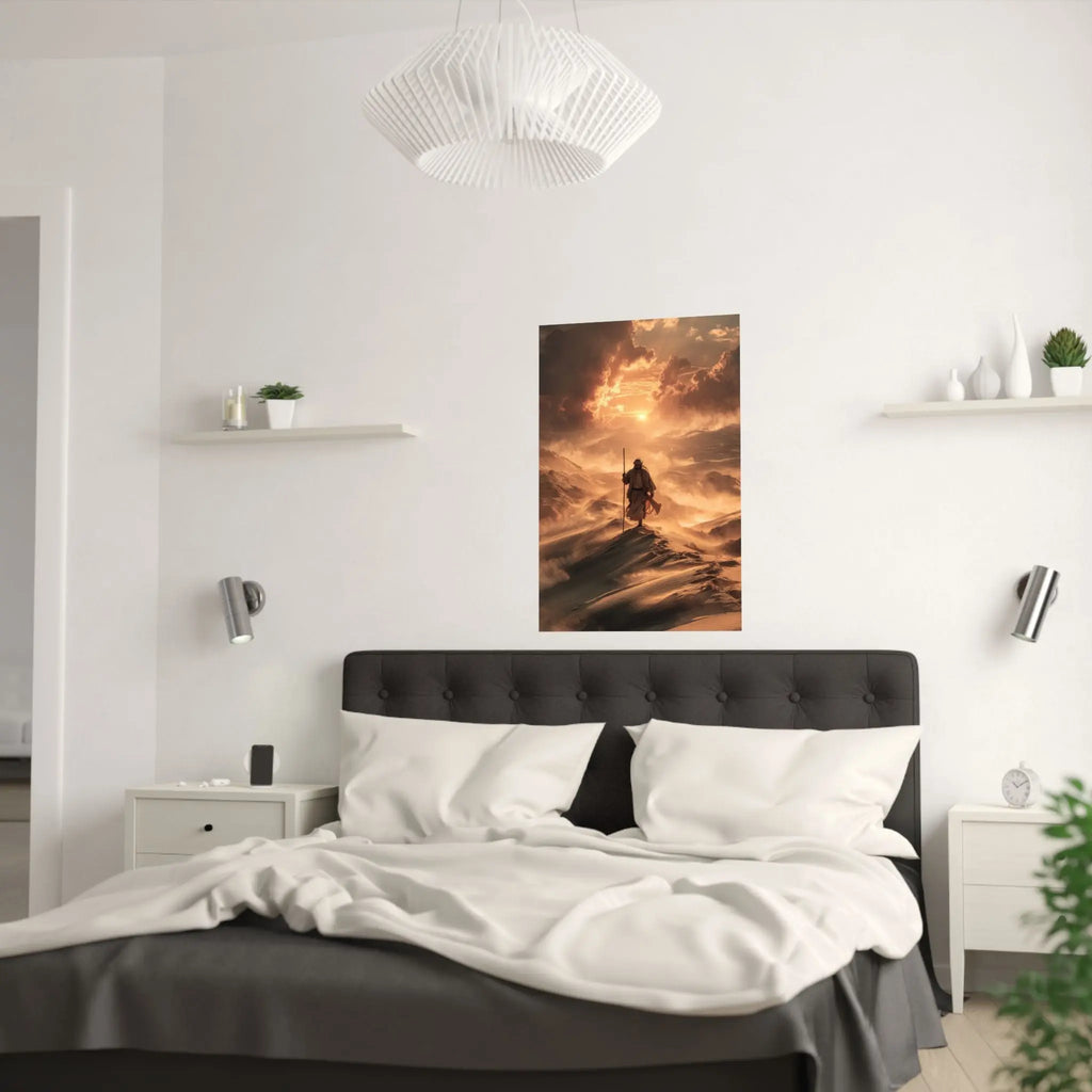 Satin Poster — Jesus on Fiery Dunes Sunset Wall Art Printify