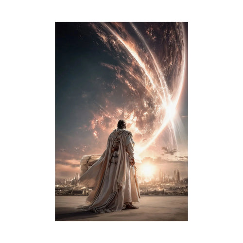 Epic Sci‑Fi Poster — Lone Figure Walking Toward Stellar City (Satin 210gsm) Printify