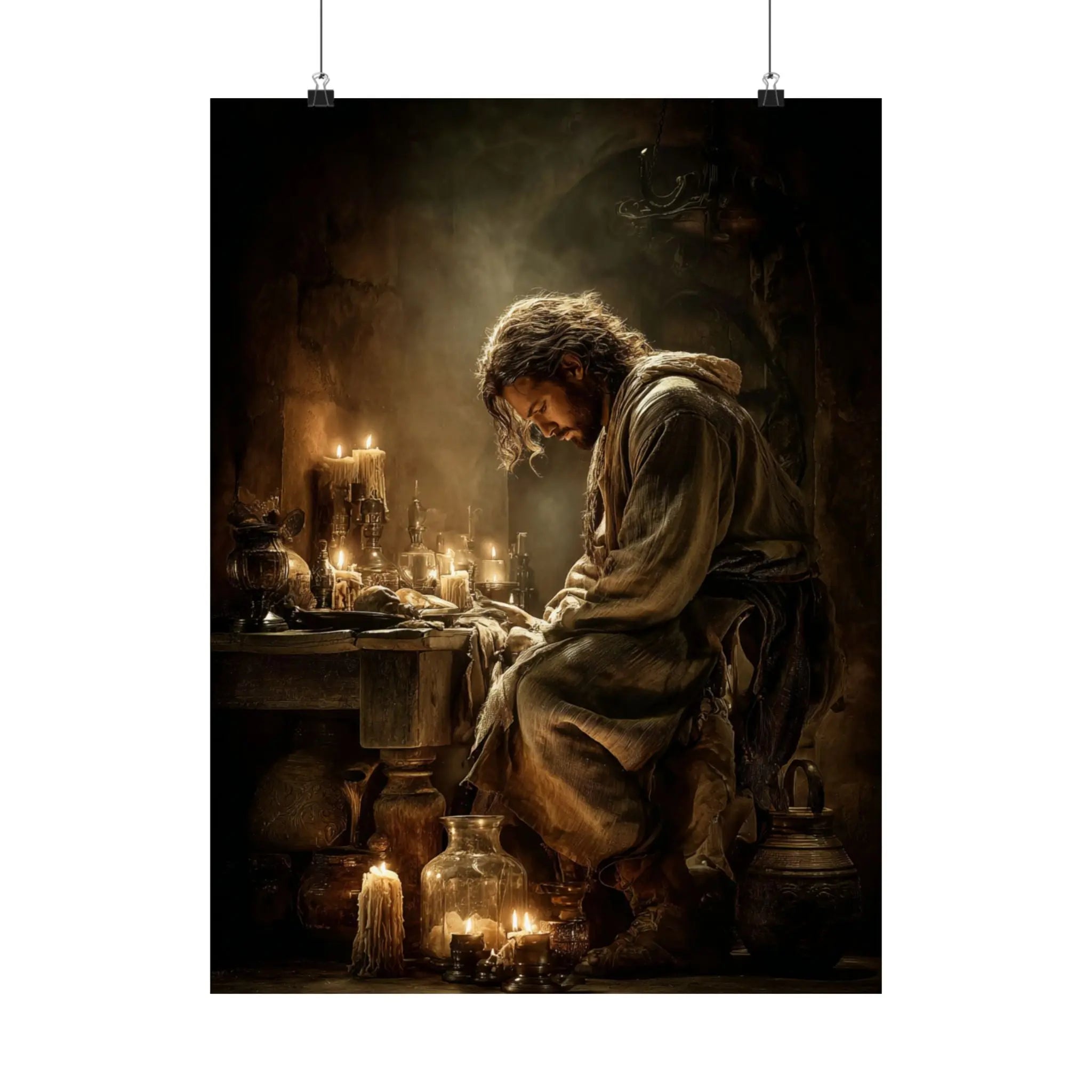 Satin Poster — Candlelit Jesus Prayer Art Print (210gsm) Printify