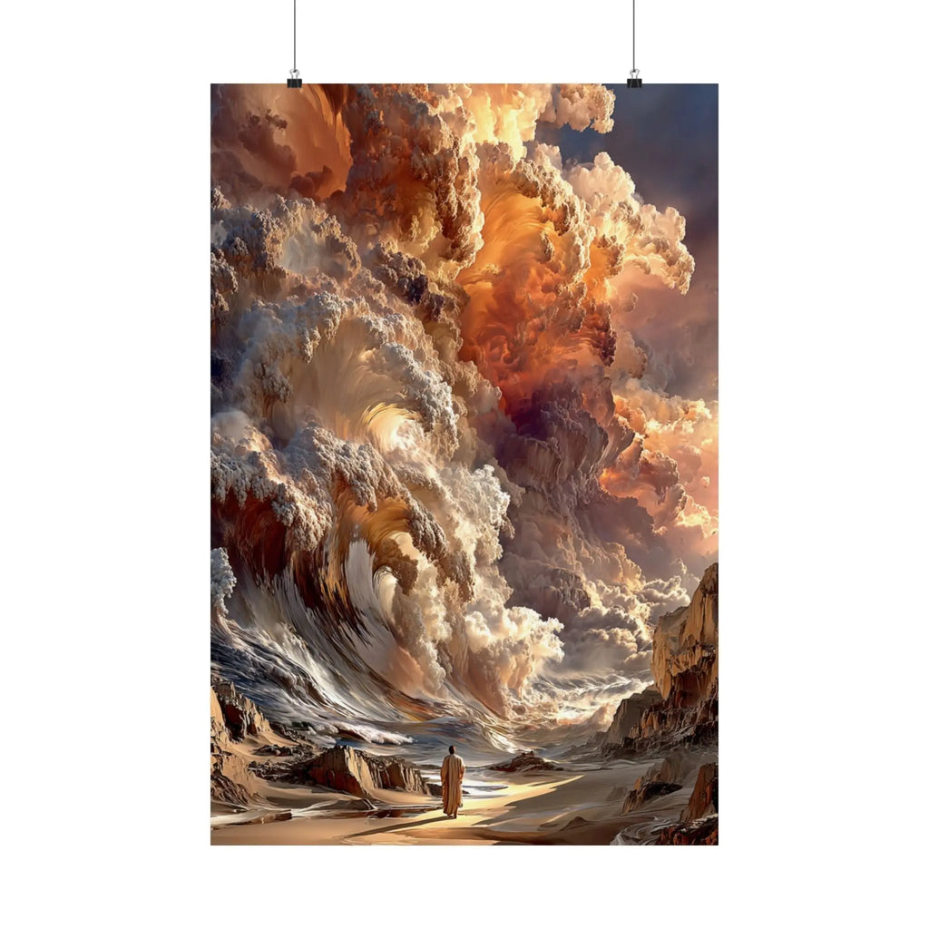 Epic Fantasy Cloudscape Satin Poster — Lone Wanderer in Fiery Sky (210gsm) Printify