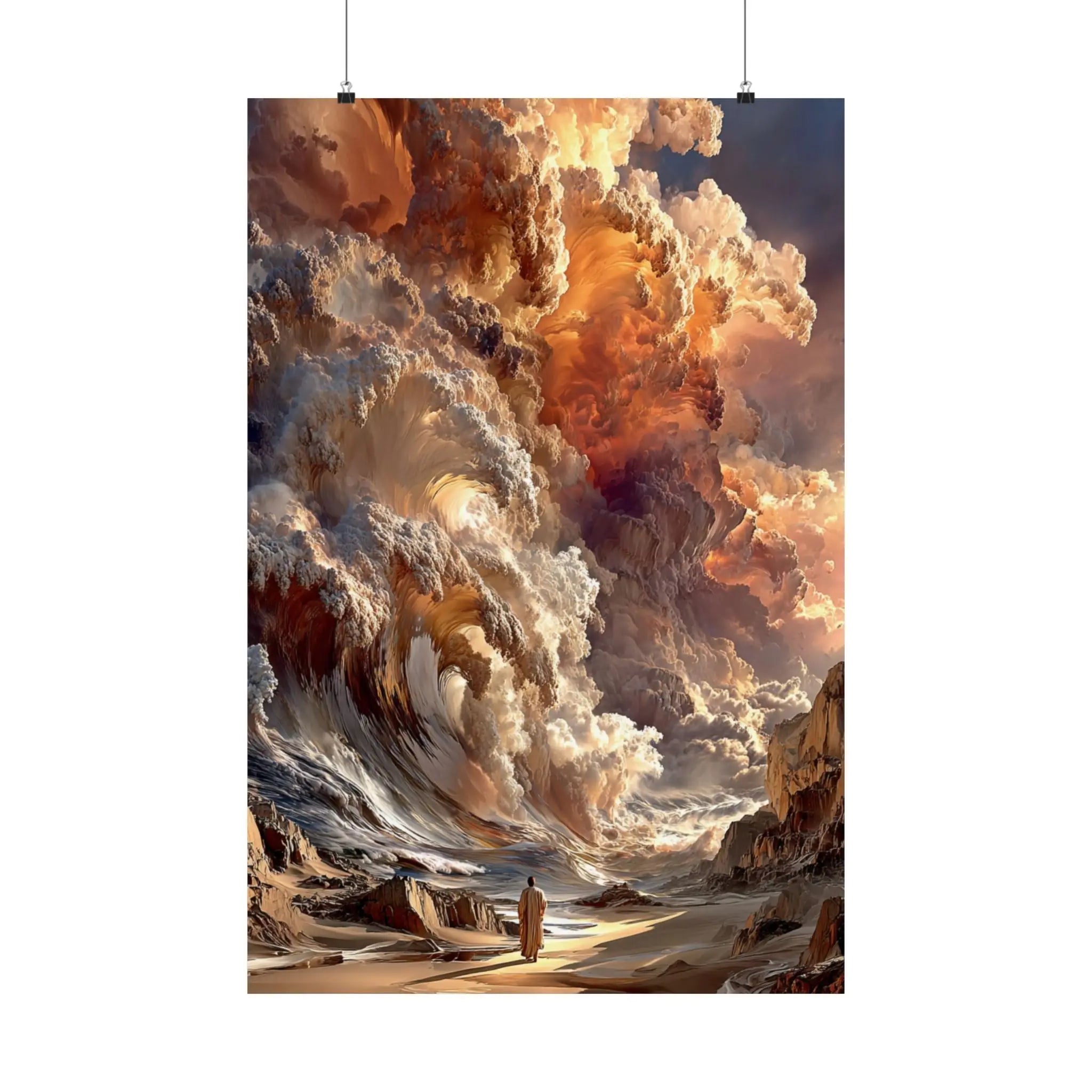 Epic Fantasy Cloudscape Satin Poster — Lone Wanderer in Fiery Sky (210gsm) Printify