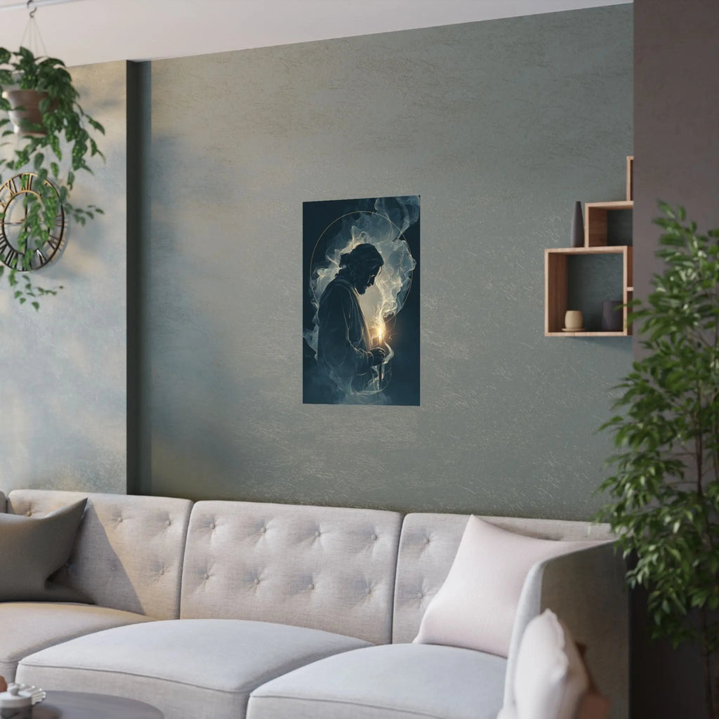 Jesus with Candle Satin Poster — Spiritual Religious Wall Art Printify