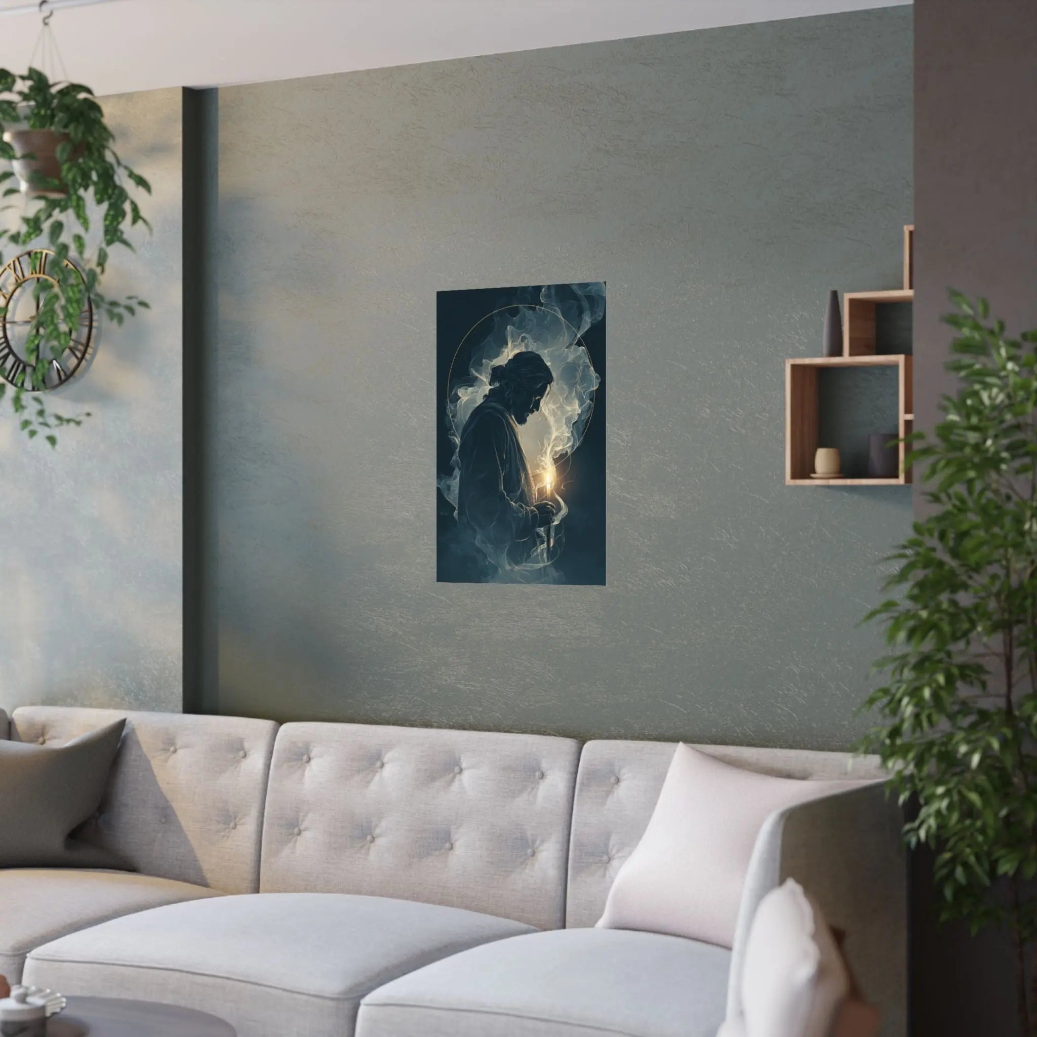 Jesus with Candle Satin Poster — Spiritual Religious Wall Art Printify