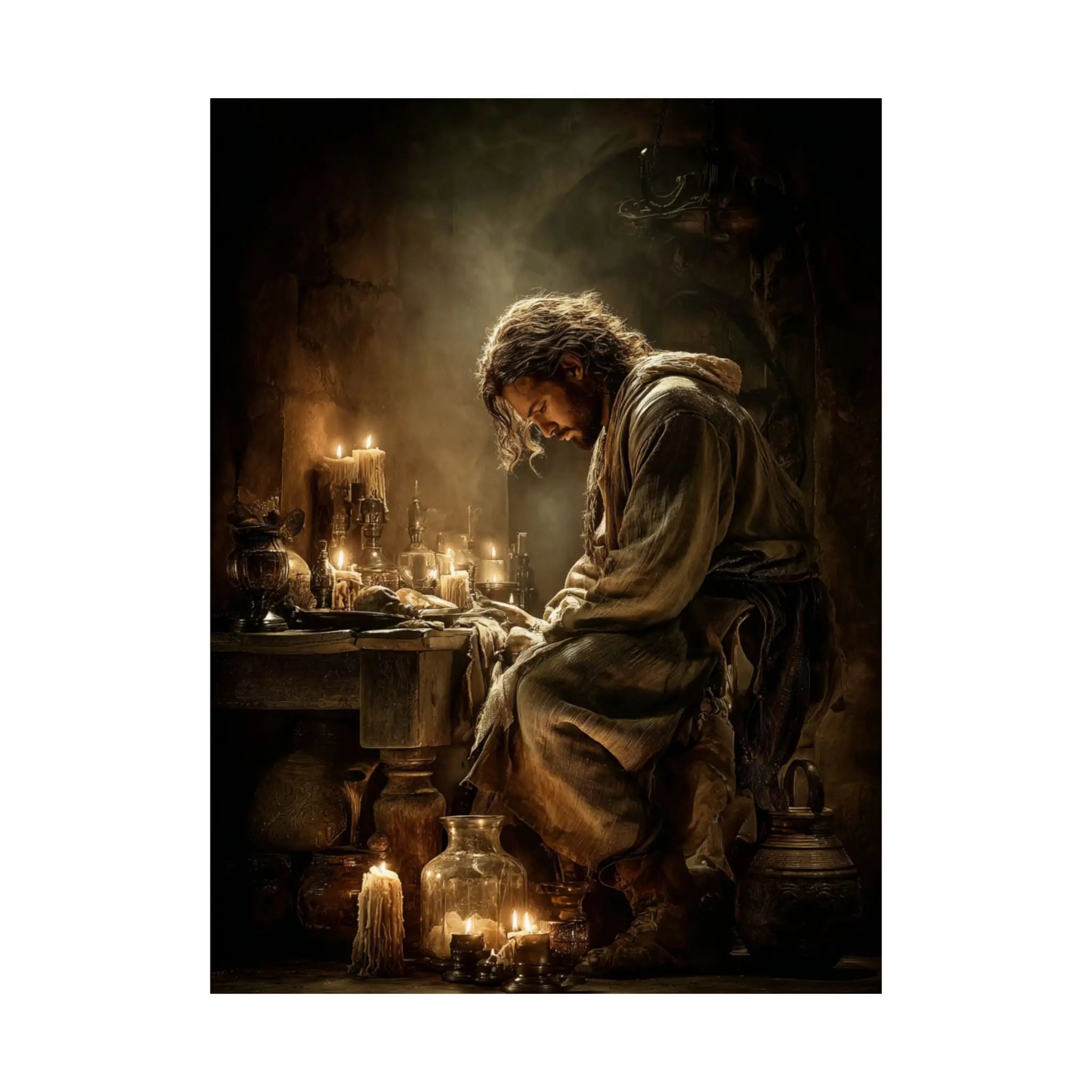 Satin Poster — Candlelit Jesus Prayer Art Print (210gsm) Printify