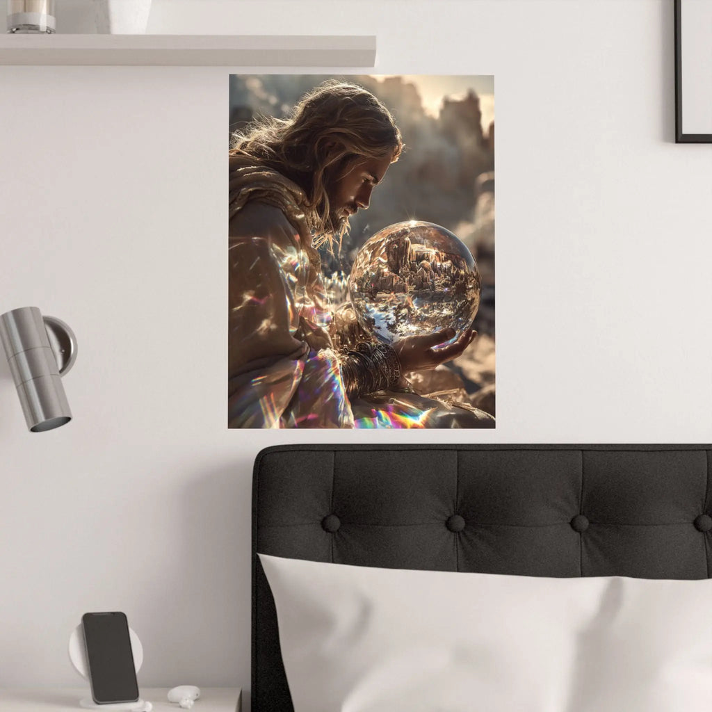 Satin Poster — Mystic Jesus Holding Crystal Orb Art Print Printify