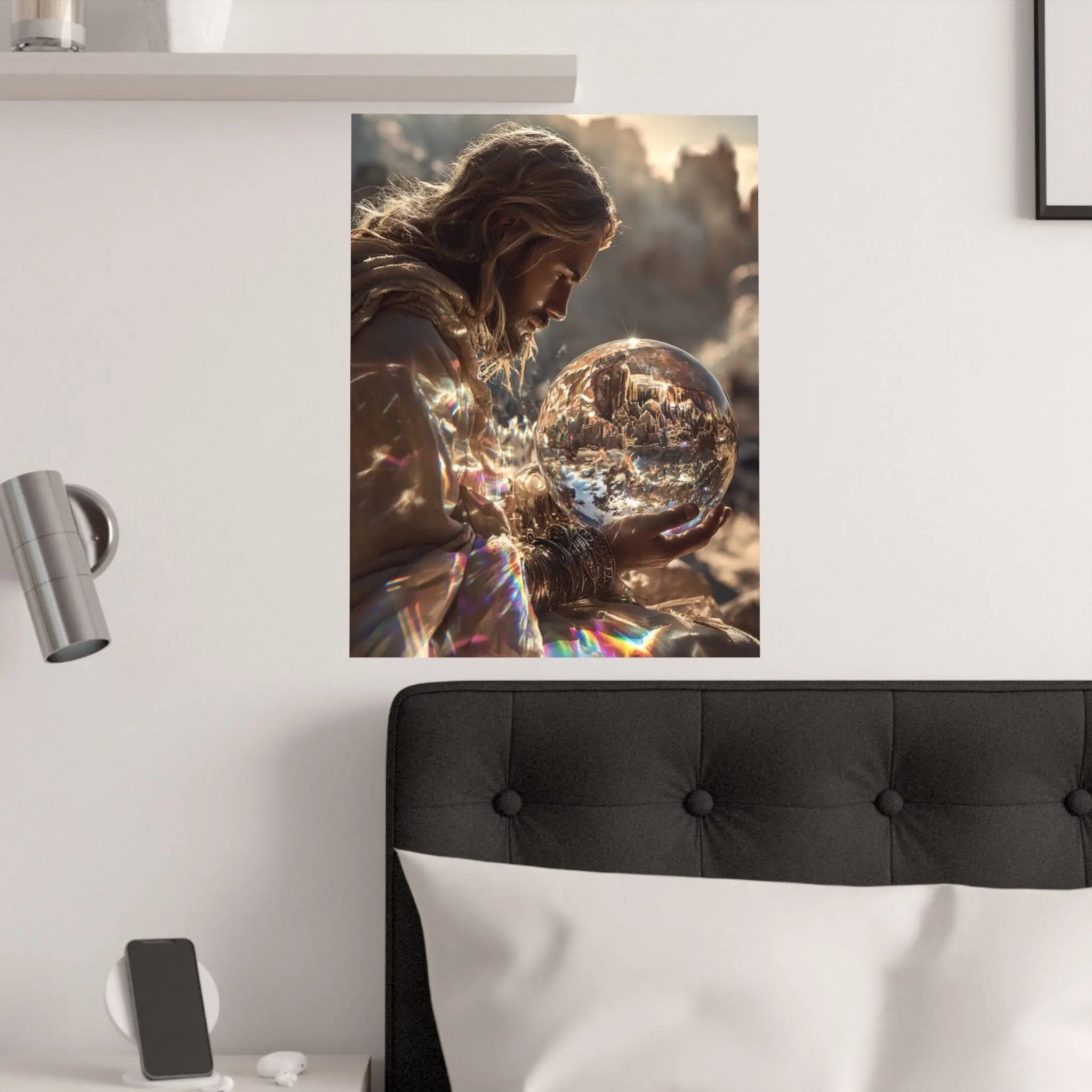 Satin Poster — Mystic Jesus Holding Crystal Orb Art Print Printify