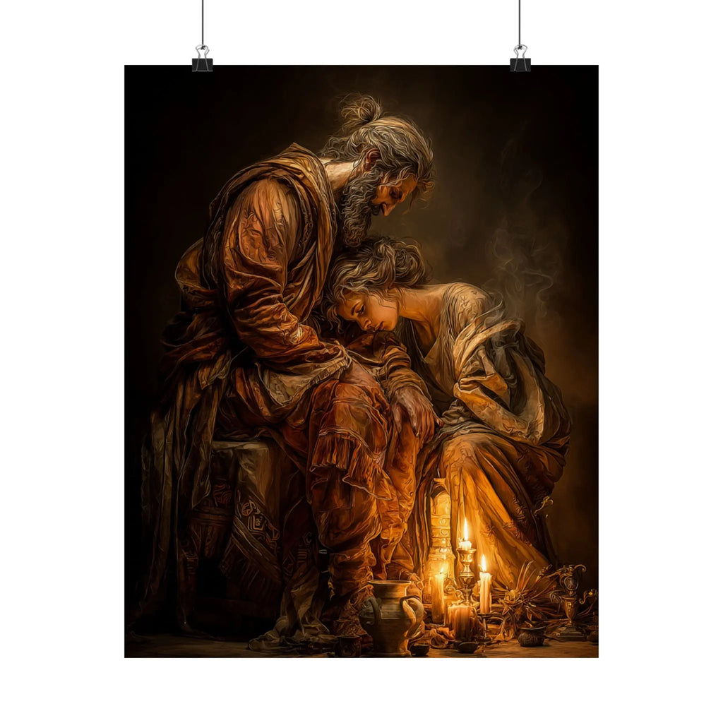 Satin Poster — Tender Candlelit Embrace Vintage Biblical Art Print Printify