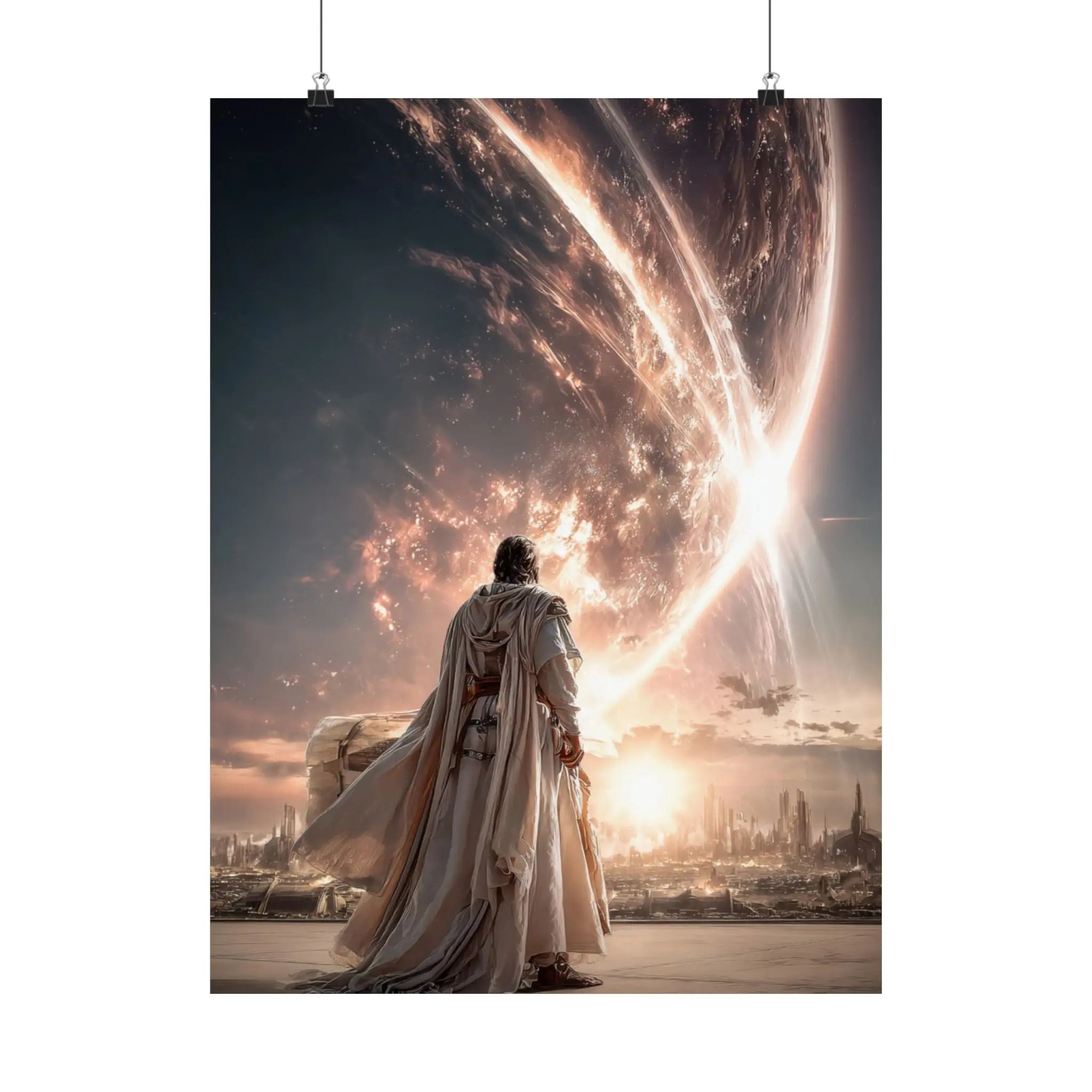 Epic Sci‑Fi Poster — Lone Figure Walking Toward Stellar City (Satin 210gsm) Printify