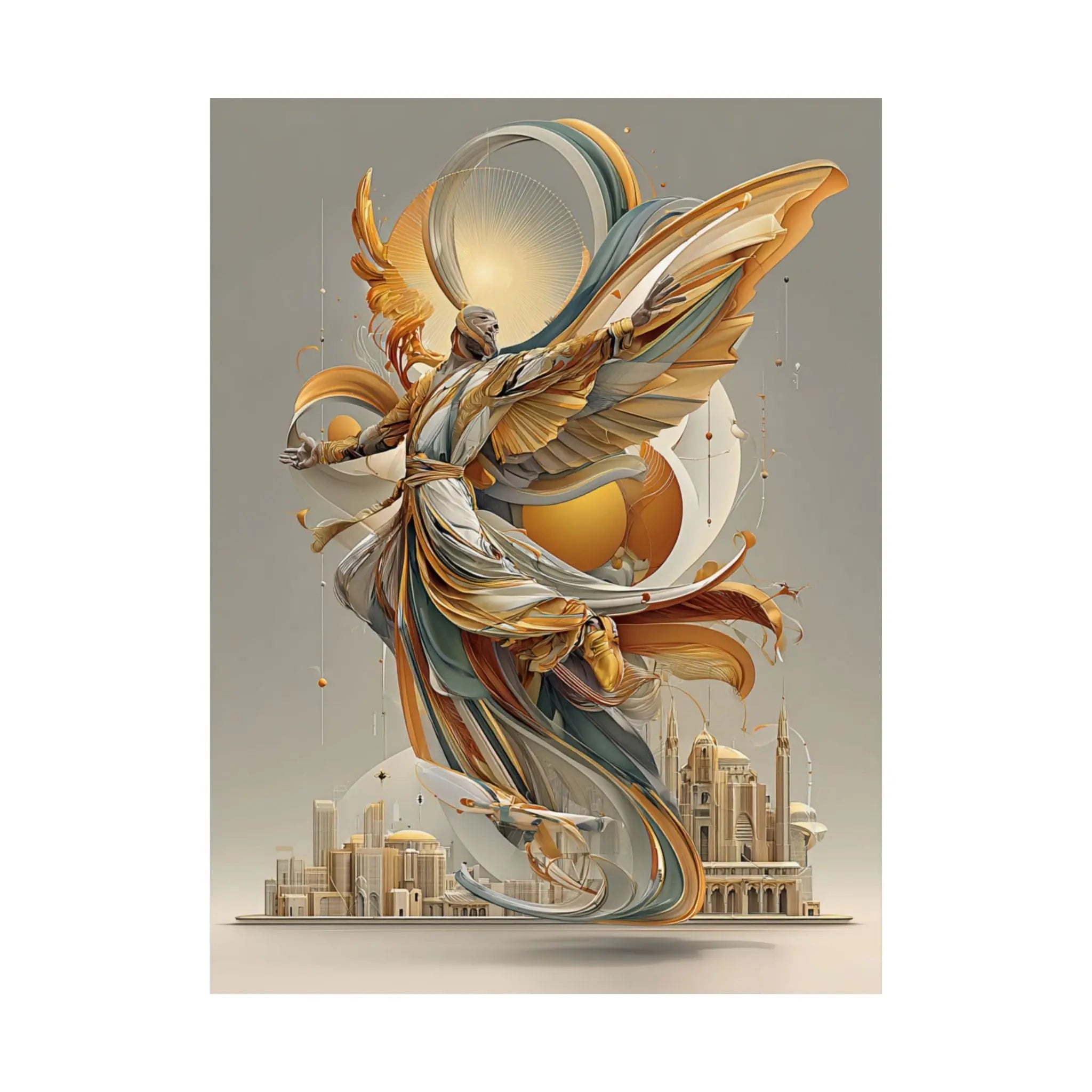 Satin Art Poster — Golden Angel Cityscape (210gsm) Printify